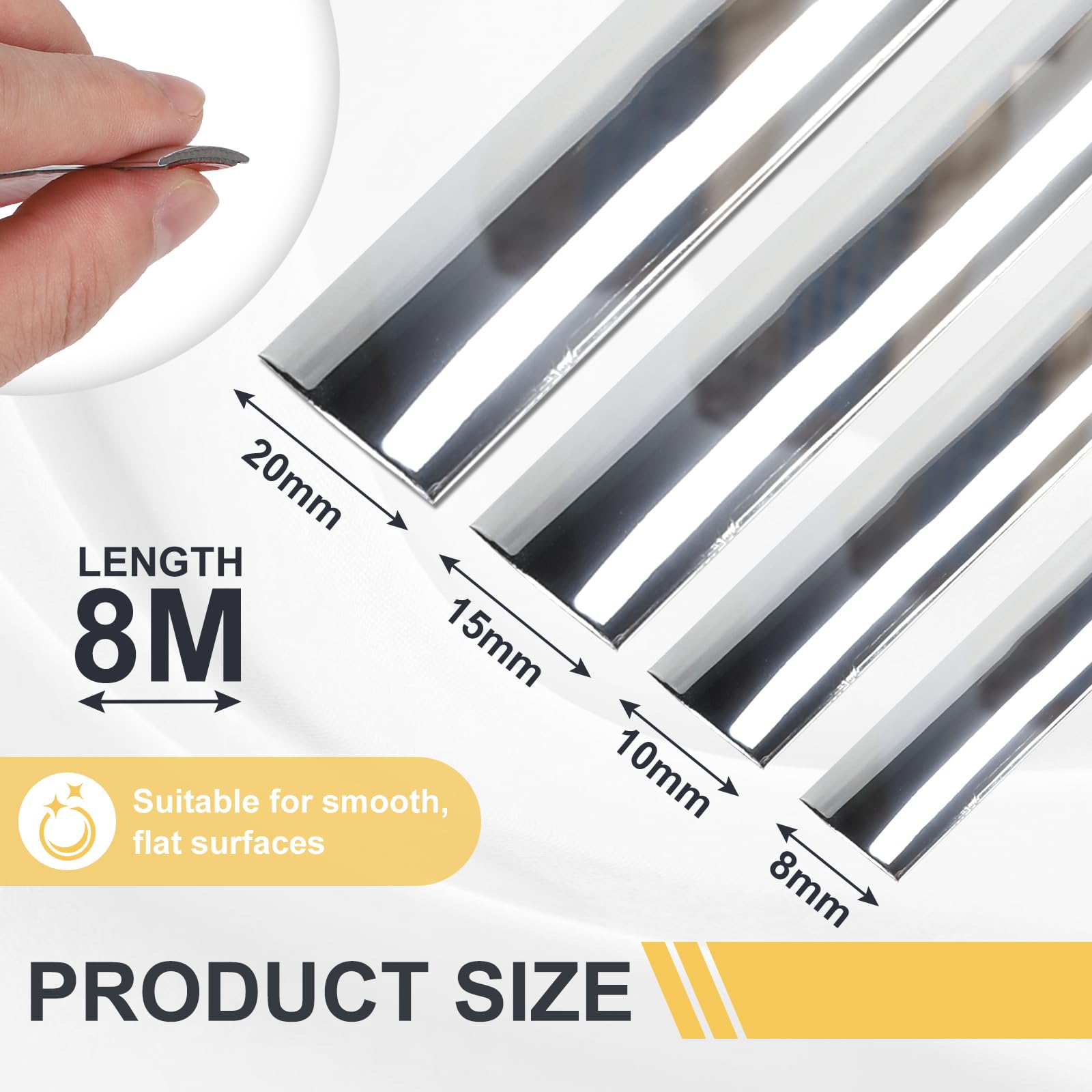 EFUTURETIME Modanatura Cromata Adesiva 15mm x 8m PVC Argento Brillante