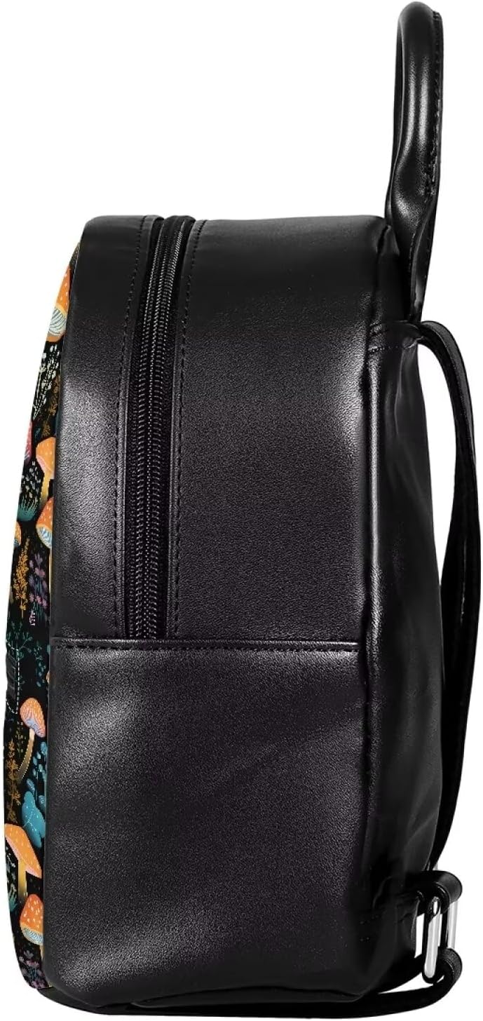 Amzbeauty Mushroom Print Black Leather Mini Backpack Purse For Women Ladies Stylish Shoulder Bag Small
