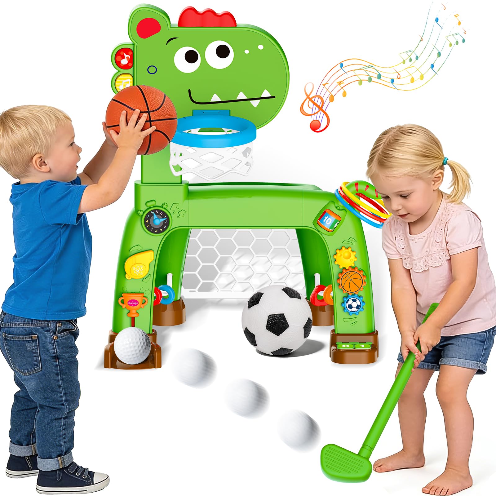 4-IN-1 Toddler Basketball Hoop & Soccer Goal Toy, Baby Toys with Golf Game and Ring Toss, Dinosaur Toys for 1 2 3 Year Old Boys Girls, Kids Sports Toy with Light Sound Music, Gifts for Toddlers