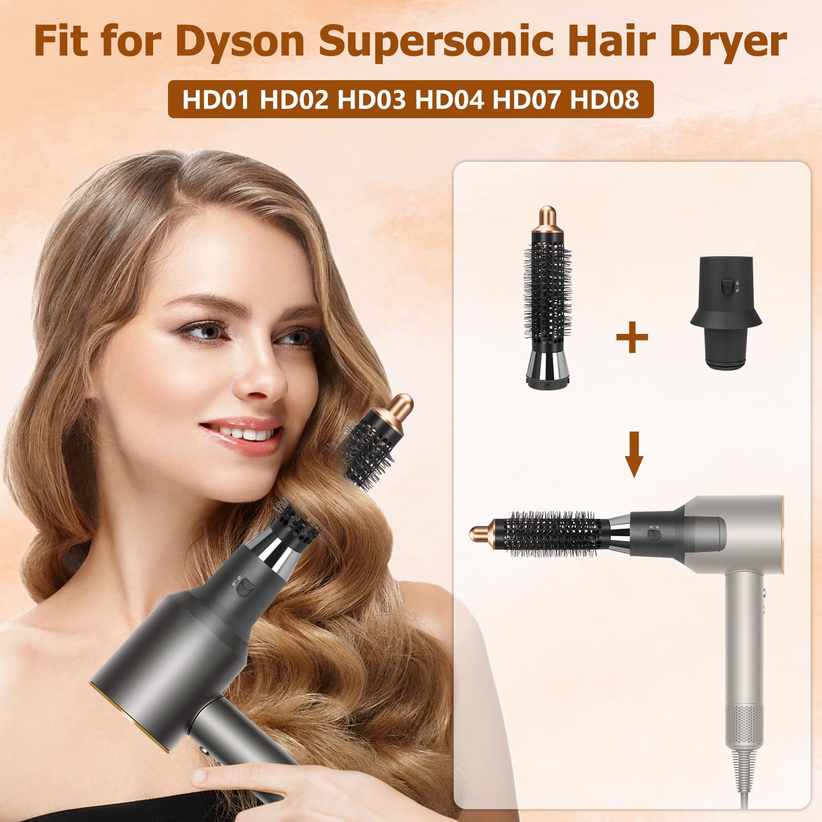 Spazzola Volumizzante Piccola Rotonda da 20mm e Adattatore per Asciugacapelli Dyson Supersonic HD01, HD02, HD03, HD04, HD07, HD08, HD15, per Dyson Airwrap HS01, HS05