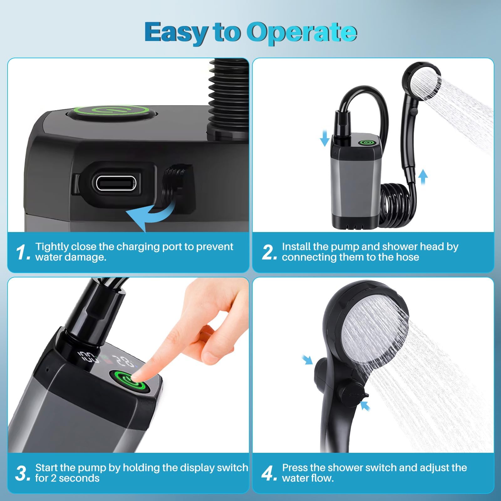 Ducha portátil para camping, 6000 mAh recargable al aire libre con pantalla LED, bomba de ducha portátil impermeable IPX7 y cabezal de ducha para senderismo, viajes, RV, coche, baño de