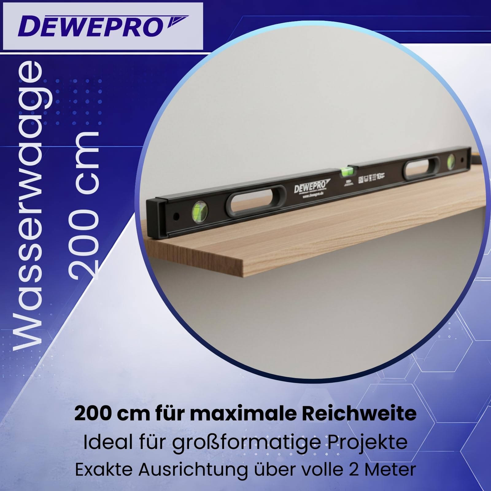 DEWEPRO Profi Wasserwaage aus Aluminium mit 2 Handgriffen und 3 Libellen - Länge: 200cm 2,0m - Messtoleranz: 0,5mm/m - Aluwasserwaage Aluminiumwasserwaage