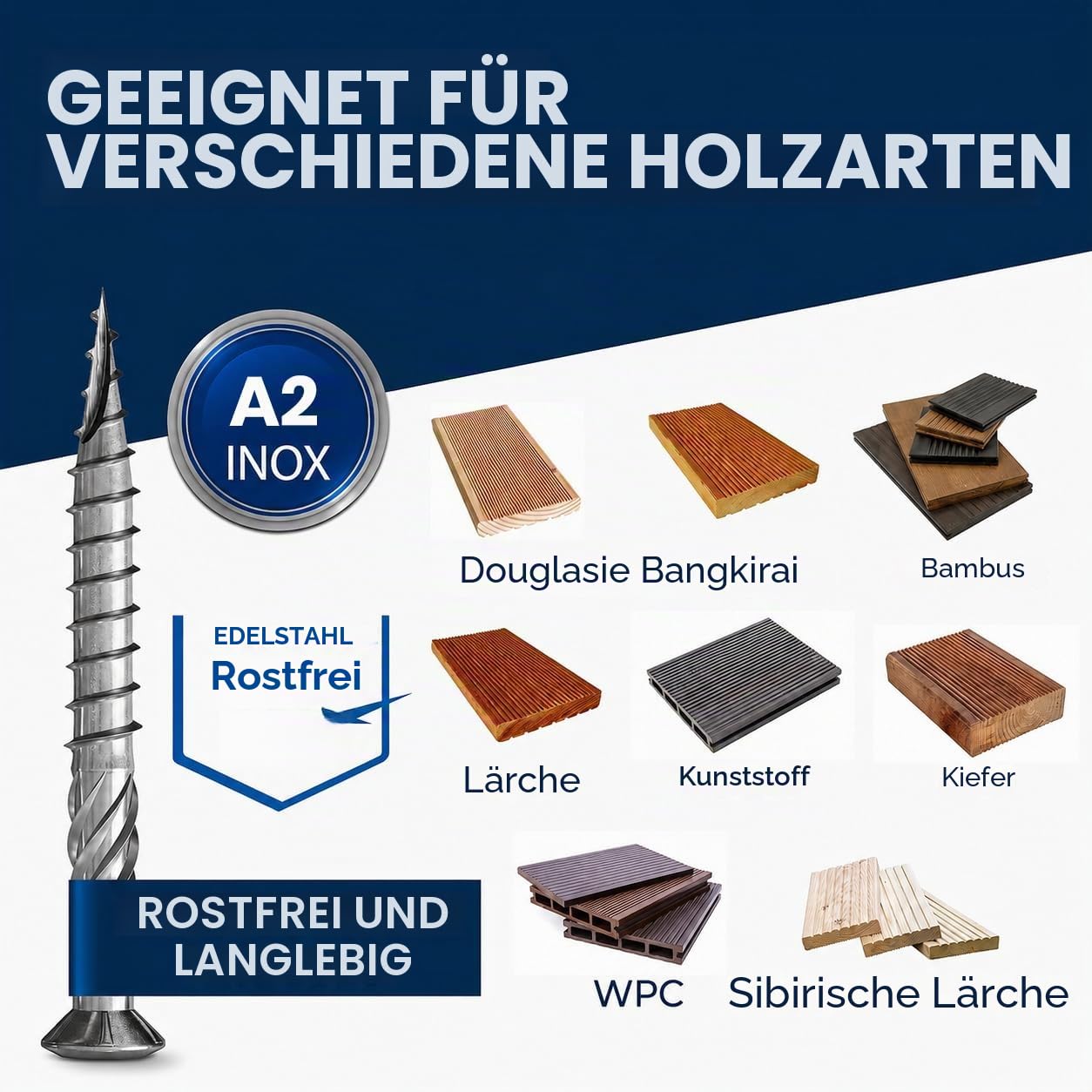 Terrassenschrauben Edelstahl V2A (A2) – TX25 – 5x50 mm – 200 Stück – Dielenschrauben Holz
