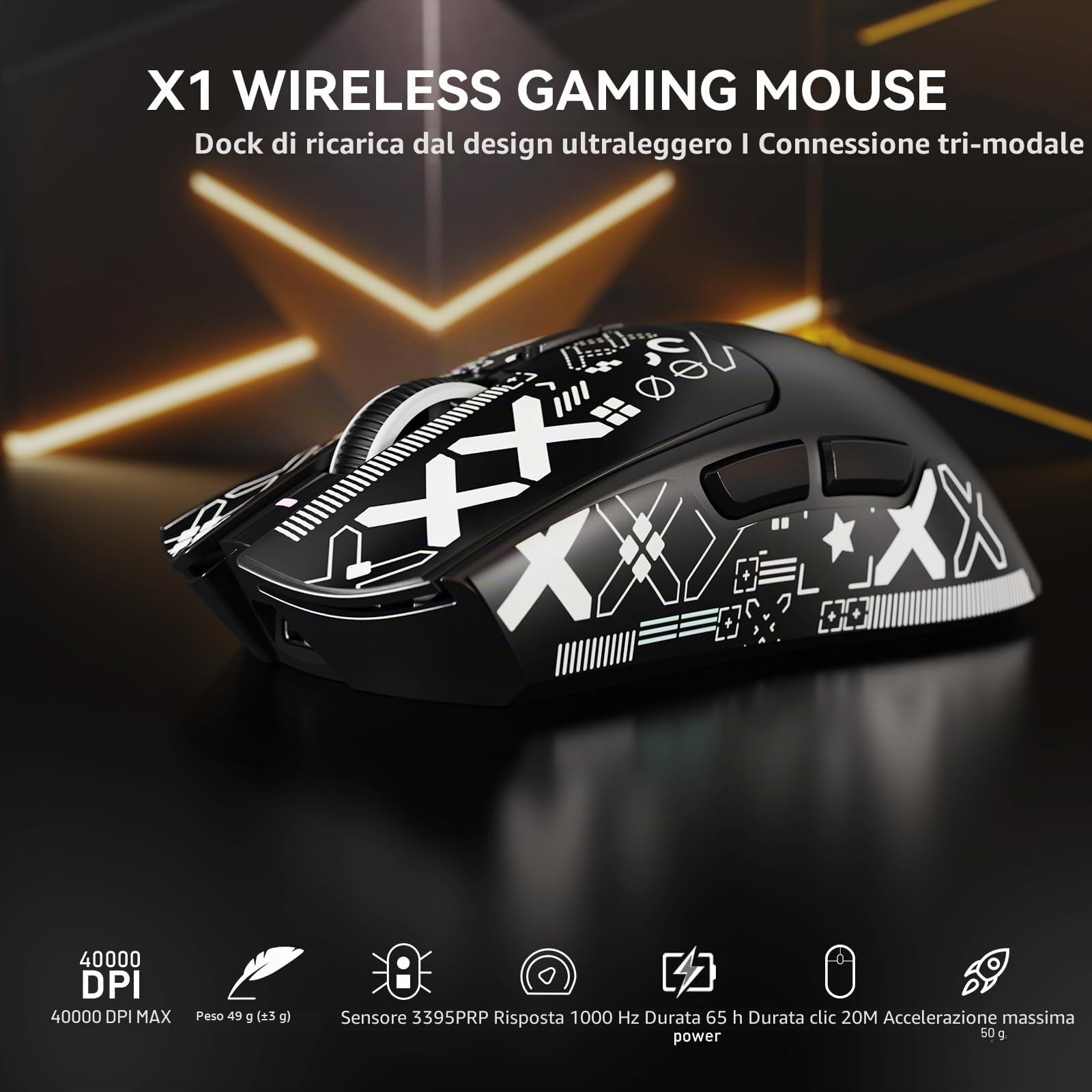 MAMBASNAKE Attack Shark X1 Mouse da Gioco 49g Leggero con Dock di Ricarica Touchpad, Sensor PAW3395 PRO 40K DPI, Mouse da Ufficio Wireless/Cablato BT/2.4G con Grip Tape per PC/Mac/Win11/PS - Nero