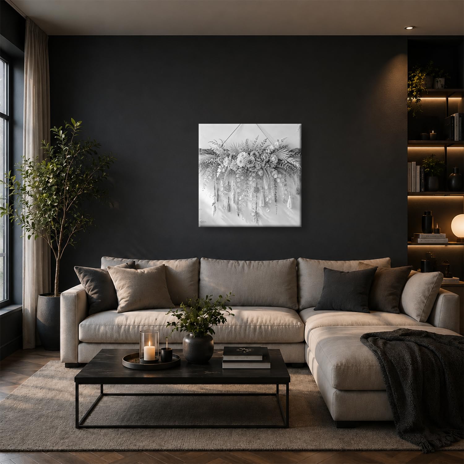Leinwandbild Trockenblumen mit Hängedeko an Stab 70x70cm Schwarz&Weiß