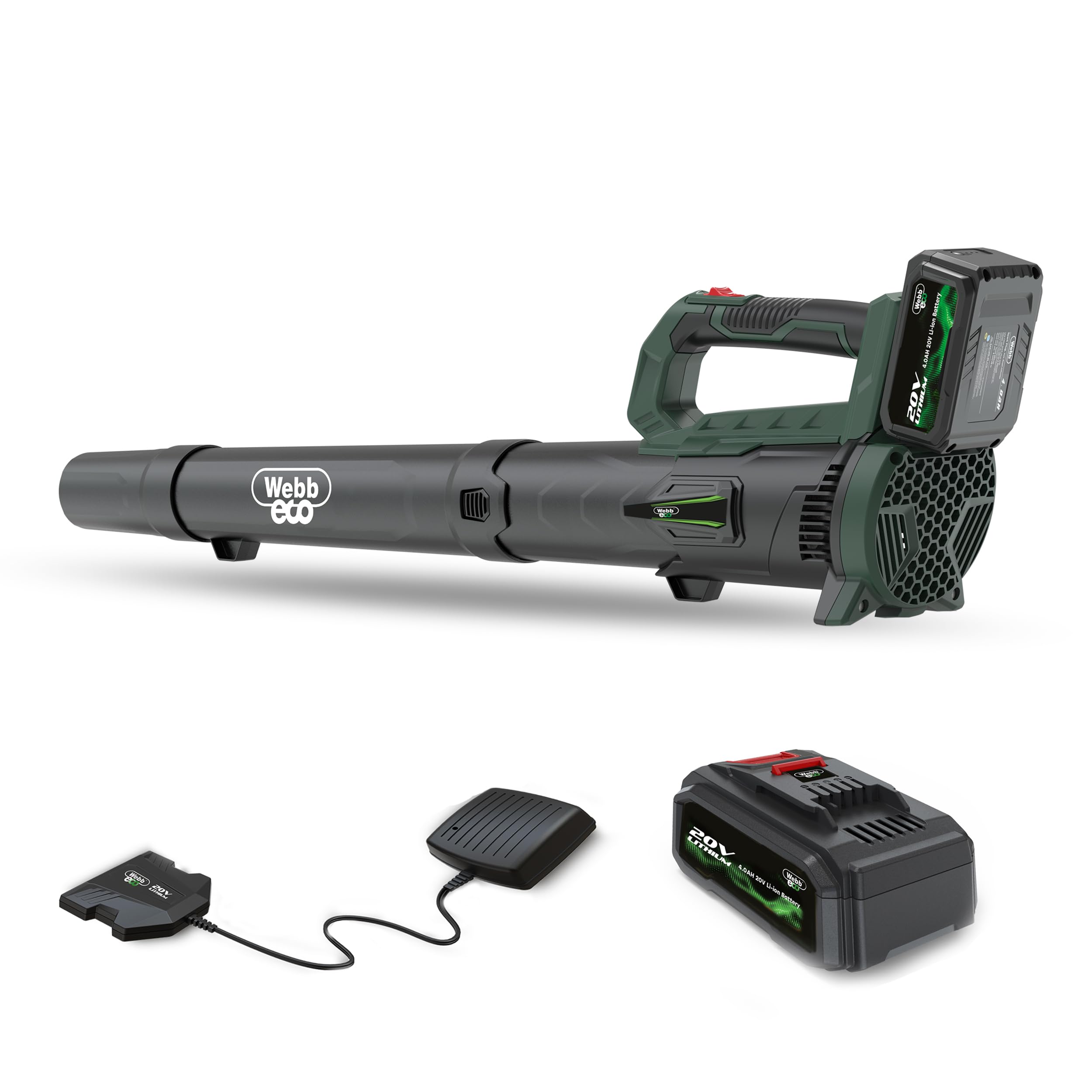 Webb Eco WEV20AB Cordless Leaf Blower, 20V Axial Garden Leaf Blower, Powerful 100MPH, Easy to Use Includes 4ah Battery & Charger