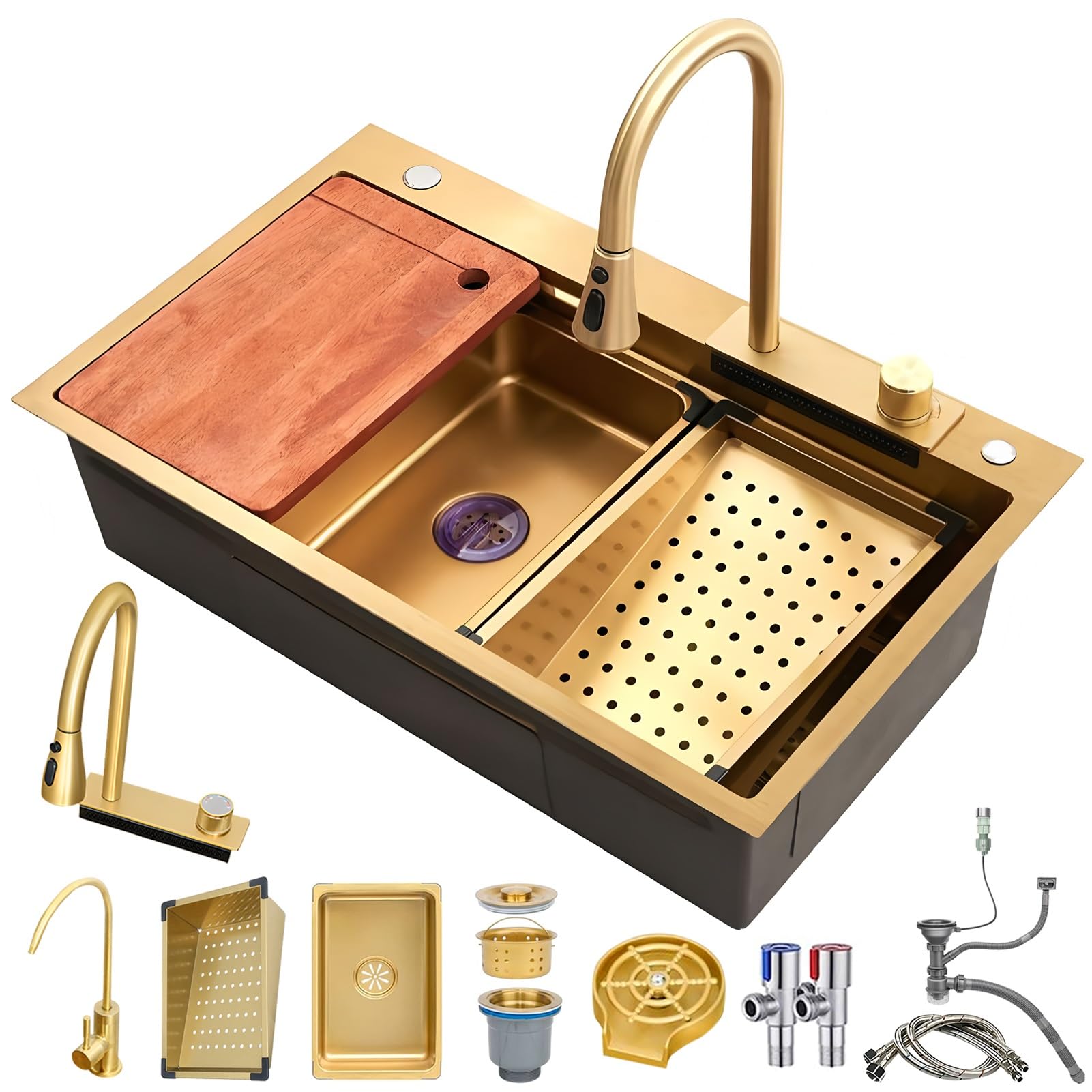 ZQFHSX Gold 1 One Bowl, Kitchen Waterfall Sink, 65X50CM Stainless Steel Sinks with Pull Out Faucet for Home Vegetable Basin & Dishwashing Sink(65x50cm)
