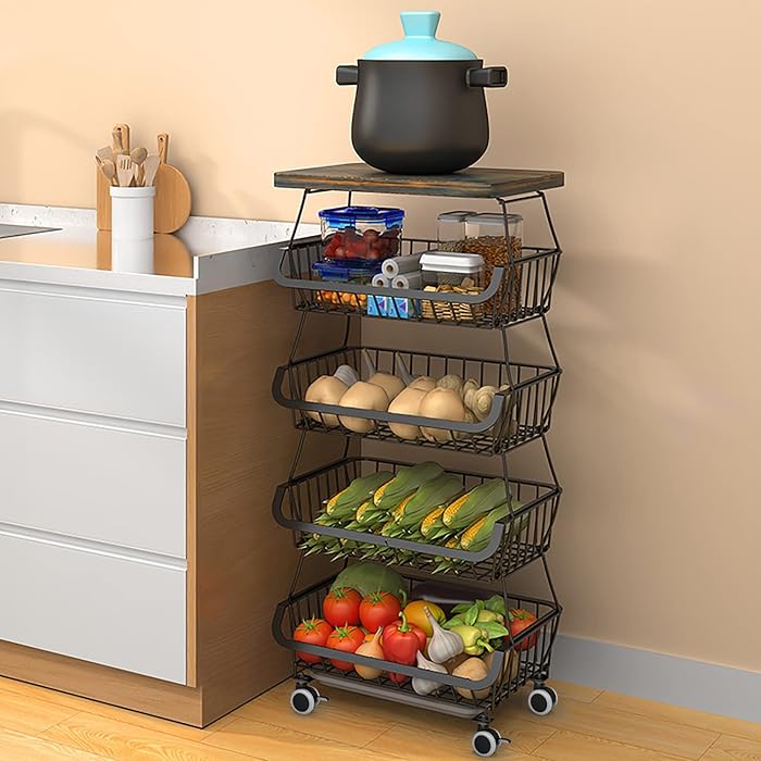 Buy Metal Wire Baskets with Wood Tabletop 5 Tier Stackable Storage