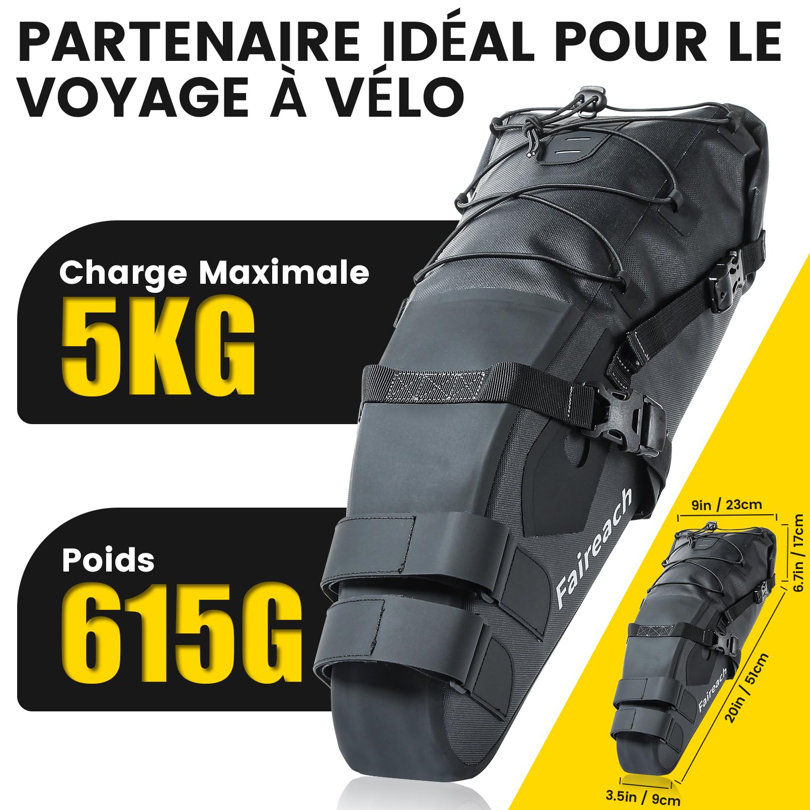 Sacoche de Selle Vélo Étanche 10L Grand Capacité, Sacoche Velo Arrière Universelle pour VTT Route avec Bande Réfléchissante, Support de Charge Lourd 5kg pour Cyclisme, Poche Imperméable Noir