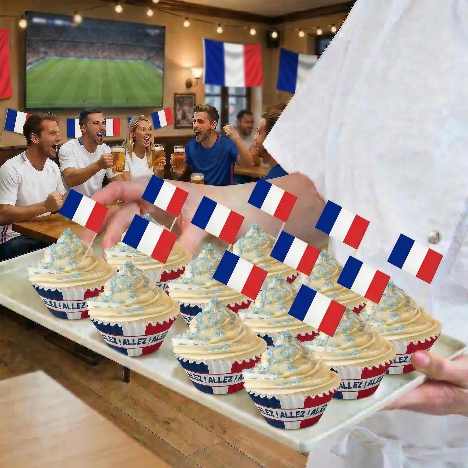 France Cupcake Cure Dents et Drapeau, Mini Cure Dents Couleurs du Drapeau, Caissettes Noirs Rouges Dorés, Idéal Coupe du Monde Fête Football