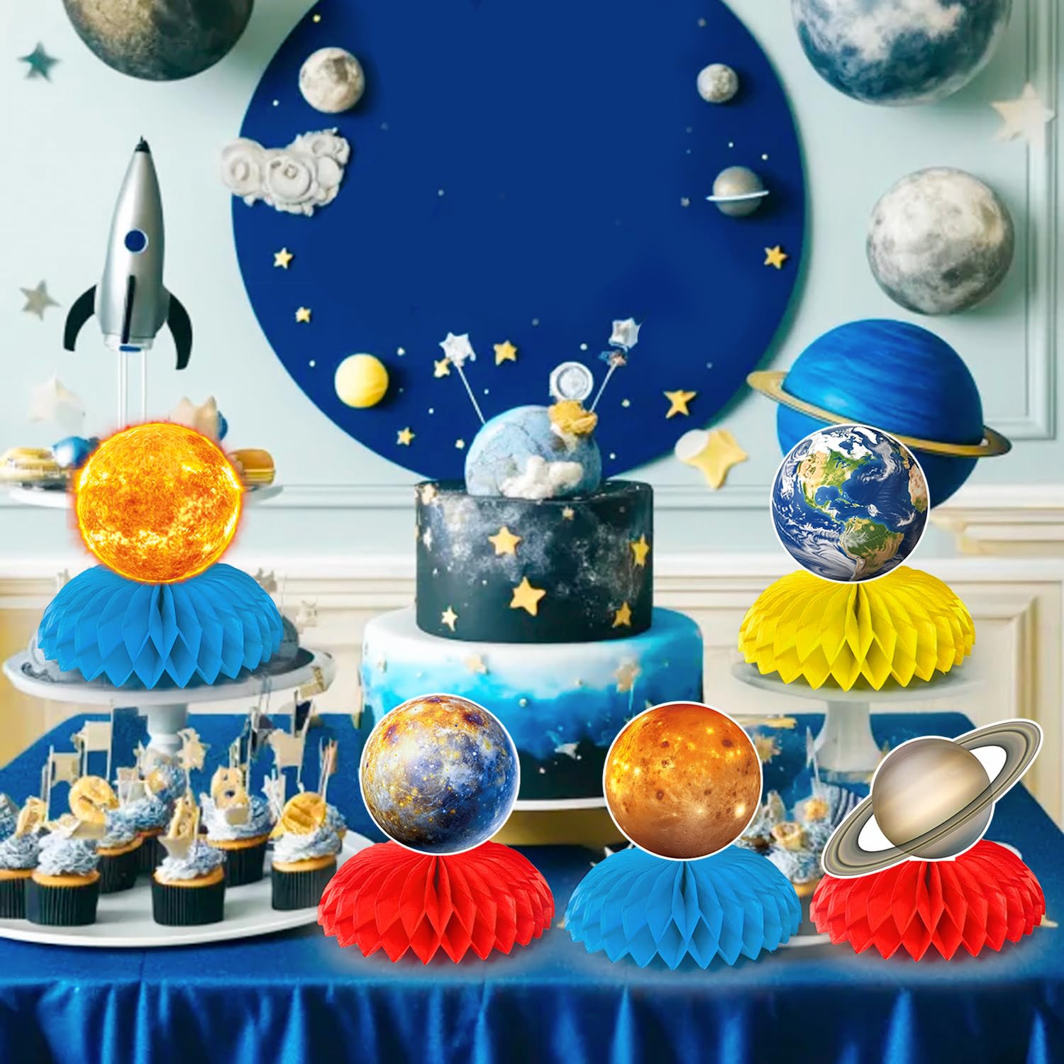 Solar System Theme Honeycomb Centerpieces, 9 Pcs Solar System Honeycomb Centerpieces - Image 3
