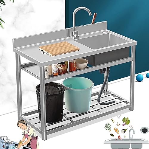 Fregadero de restaurante comercial, fregadero de cocina utilitario, con grifo y estantes de almacenamiento dobles de acero inoxidable, fregadero de