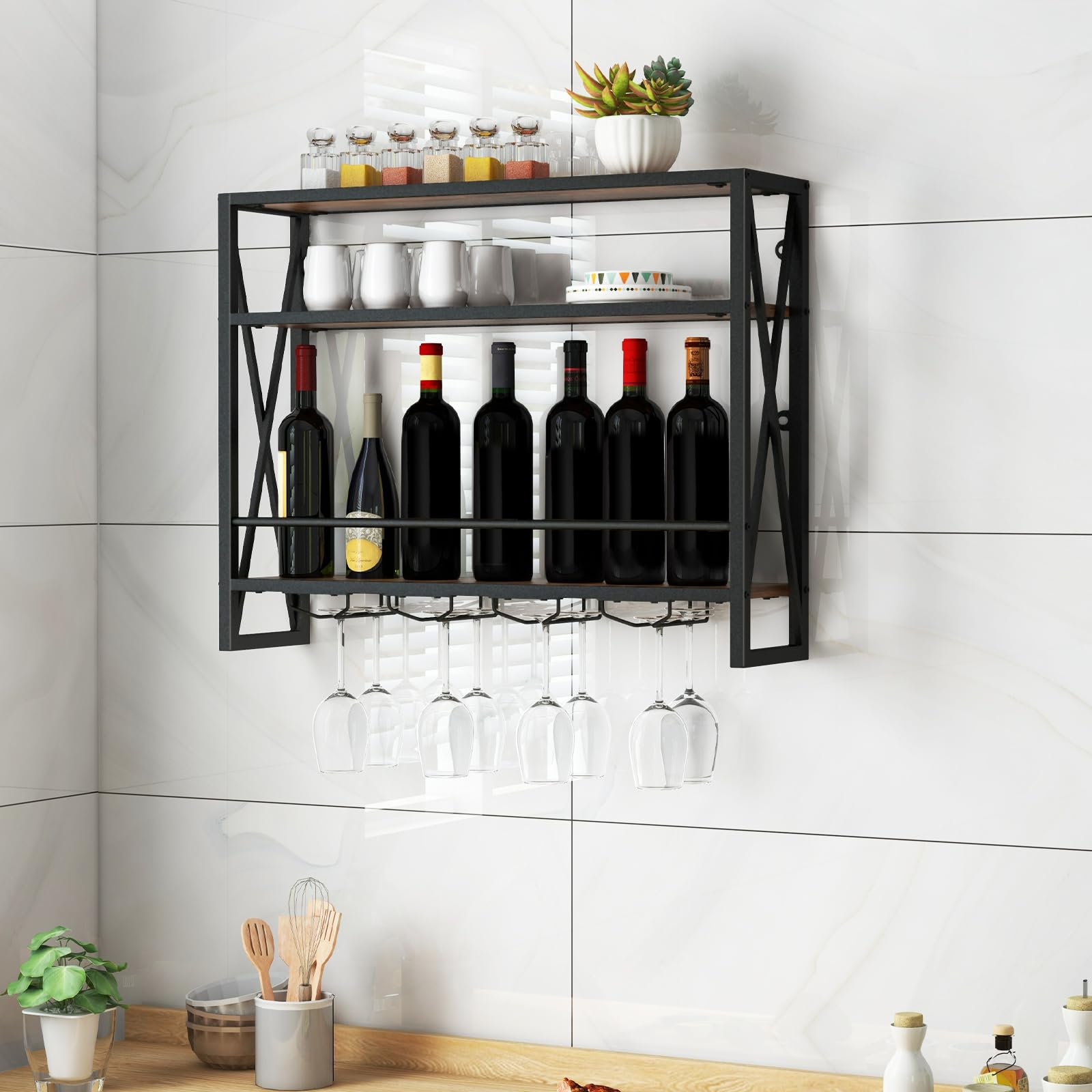 GIANTEX Étagère mural à vin à 3 niveaux avec support en verre - Étagère en bois et métal - Industrielle flottante pour cuisine, maison - 80 x 20 x 63 cm
