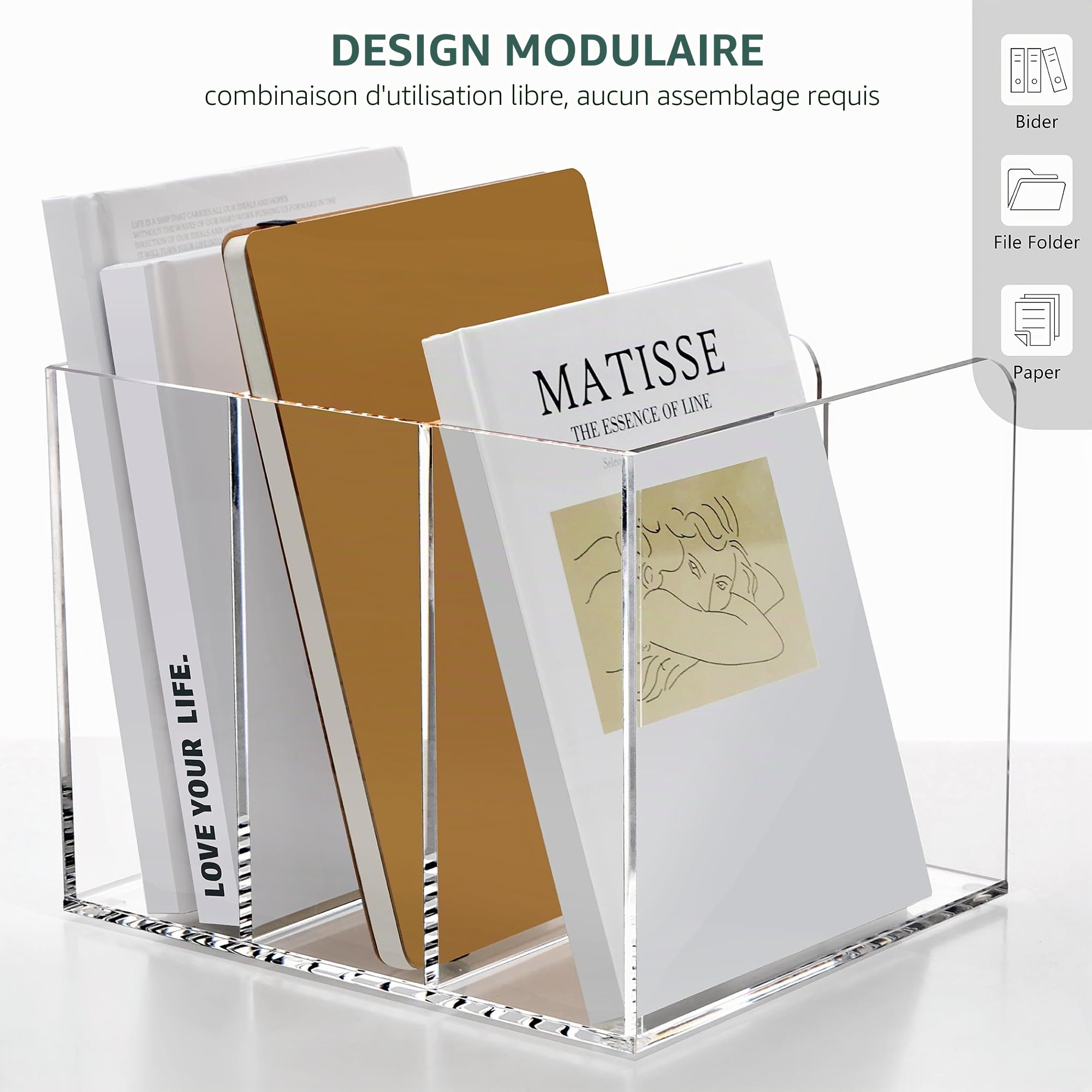 SANRUI Porte-revues en acrylique pour bureau avec organiseur et 3 compartiments verticaux, Support Organiseur de Bureau, pour Papier A4 Dossier Magazine Cahier CD Livre