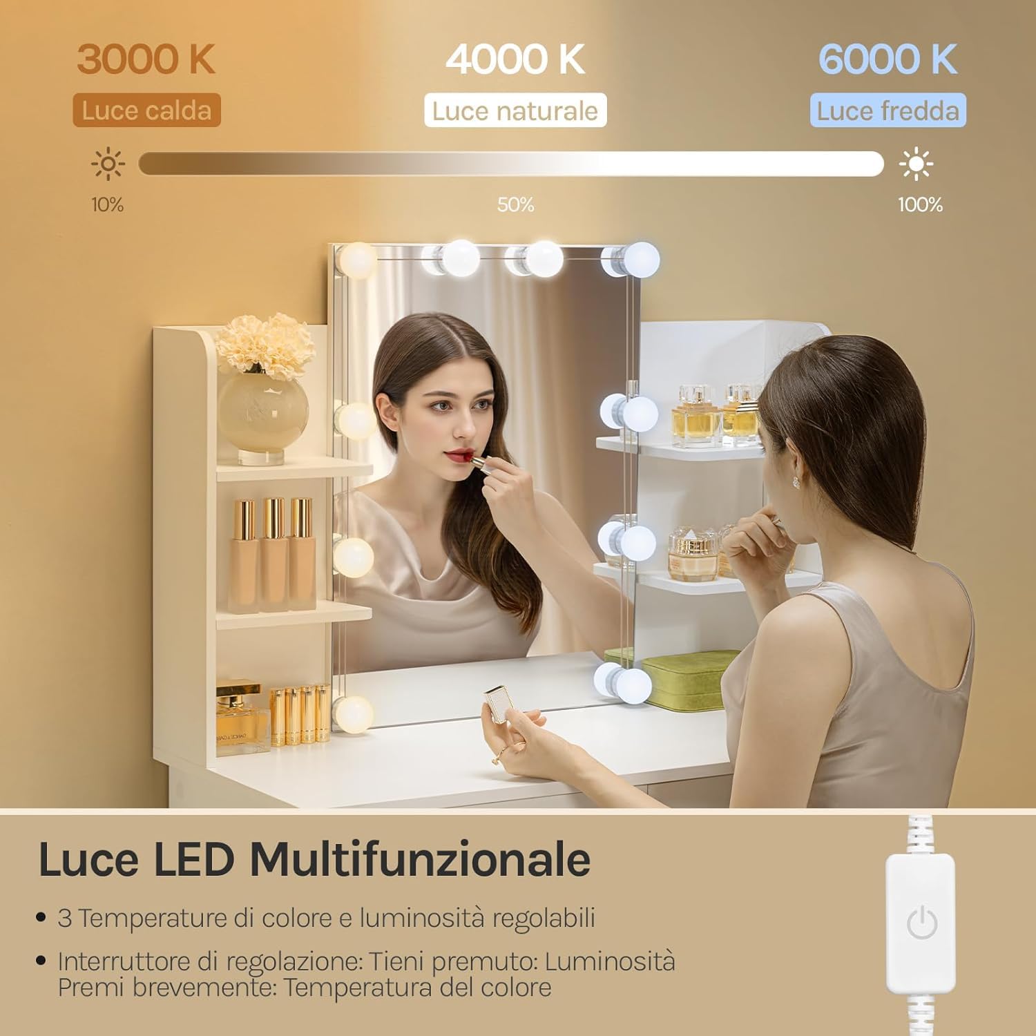 WOLTU Toeletta con Specchio e Luci LED, Postazione Trucco con 10 Lampadine Dimmerabili, Scrivania da Trucco con 2 Cassetti e 4 Ripiani, Tavolo da Camera da Letto, Legno, 90x40x135cm, Bianco