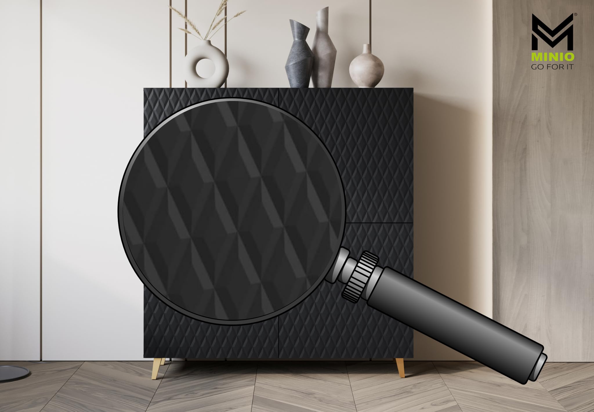 MINIO go for it – Meuble de Rangement 120 cm de Large, 4 Portes, modèle Loket sur Pied, Meuble de Salon/Sideboard – Noir Mat