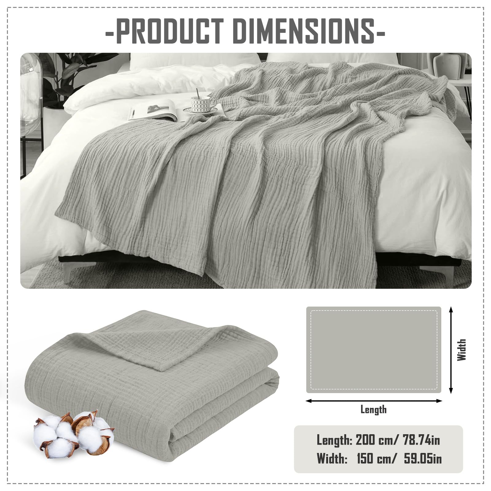 Coperta in Mussola 150x200cm,100% cotone Mussola per Adulti,6 Strati Coperta Estiva in mussola,per Letto e Divano, Coperta per Tutto l'anno (Grigio)