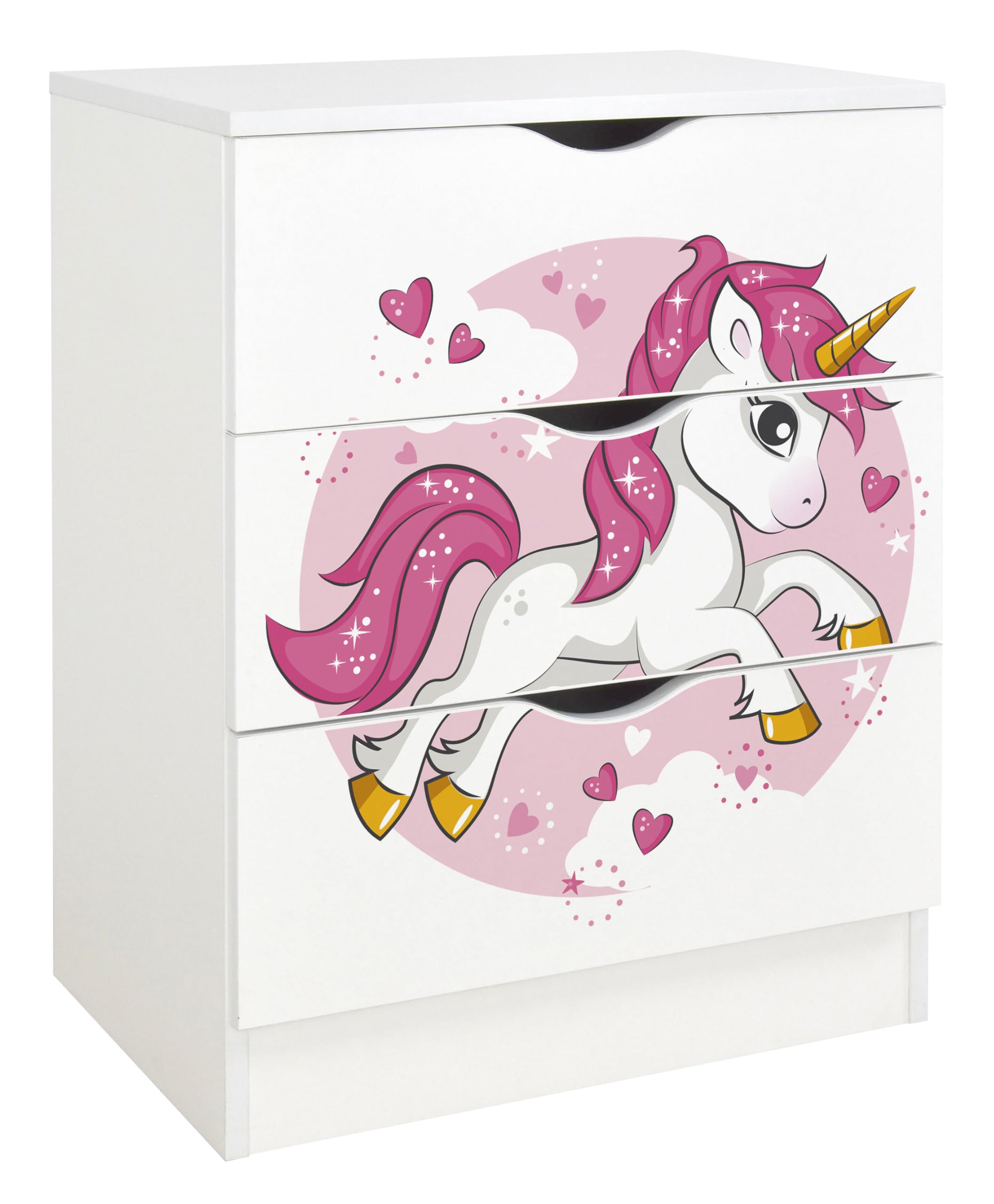 Leomark Weiß Kommode mit 3 Schubladen - Roma - Möbel für Kinderzimmer aus Holz, Schlafzimmer-Möbel (Pink Unicorn)