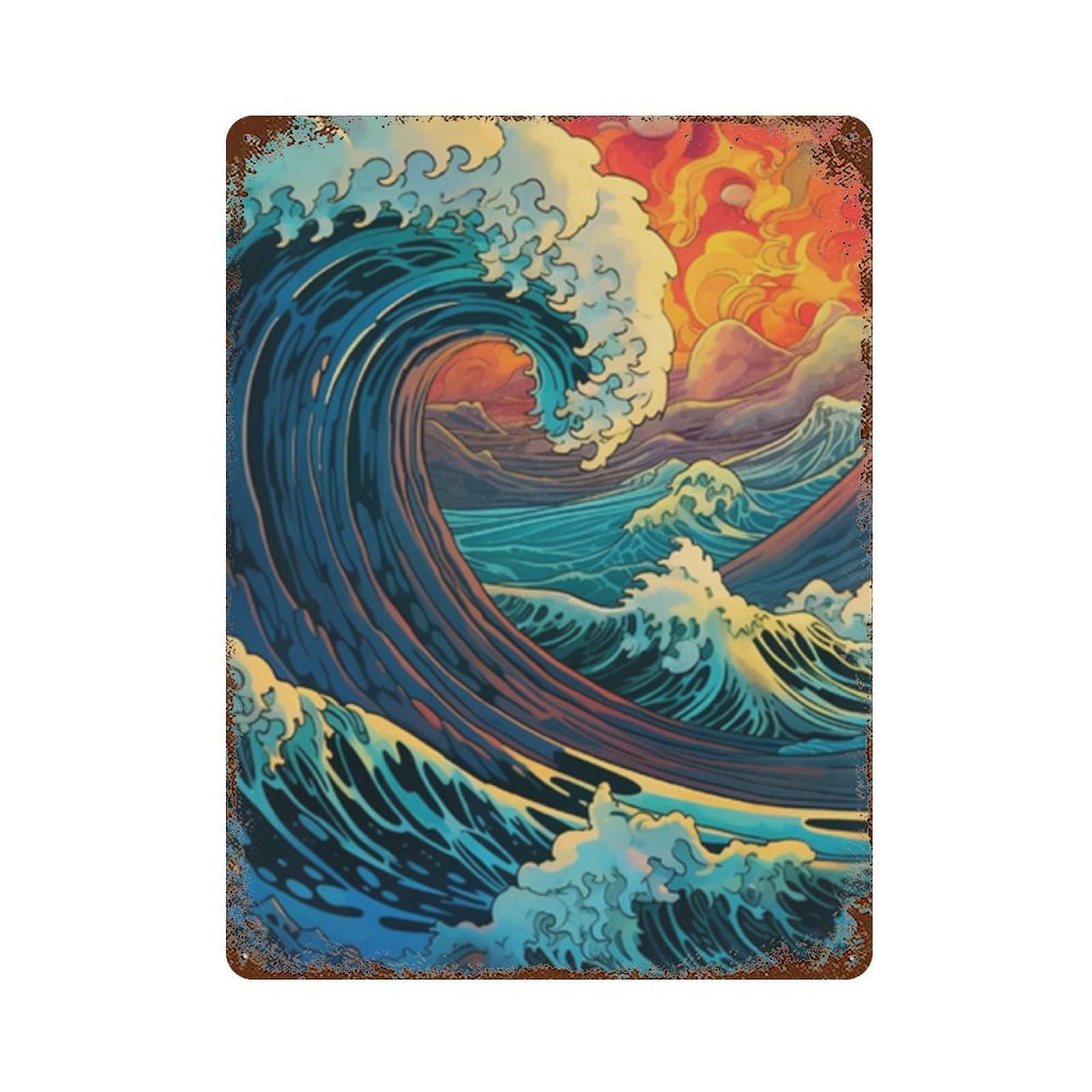 Ocean Waves Sunset Art Print Decorative Tin Sign 15.7"x11.8", Retro Wall Decor for Garage, Pub Or Kitchen
