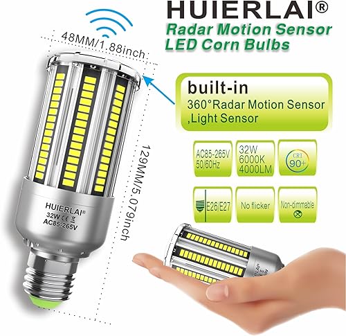 Miniatura 5 de Bombillas LED con sensor de movimiento de radar, 32 W, luz blanca diurna 6000 K, 4000 lm (equivalente a 300 W), detector de movimiento automático,
