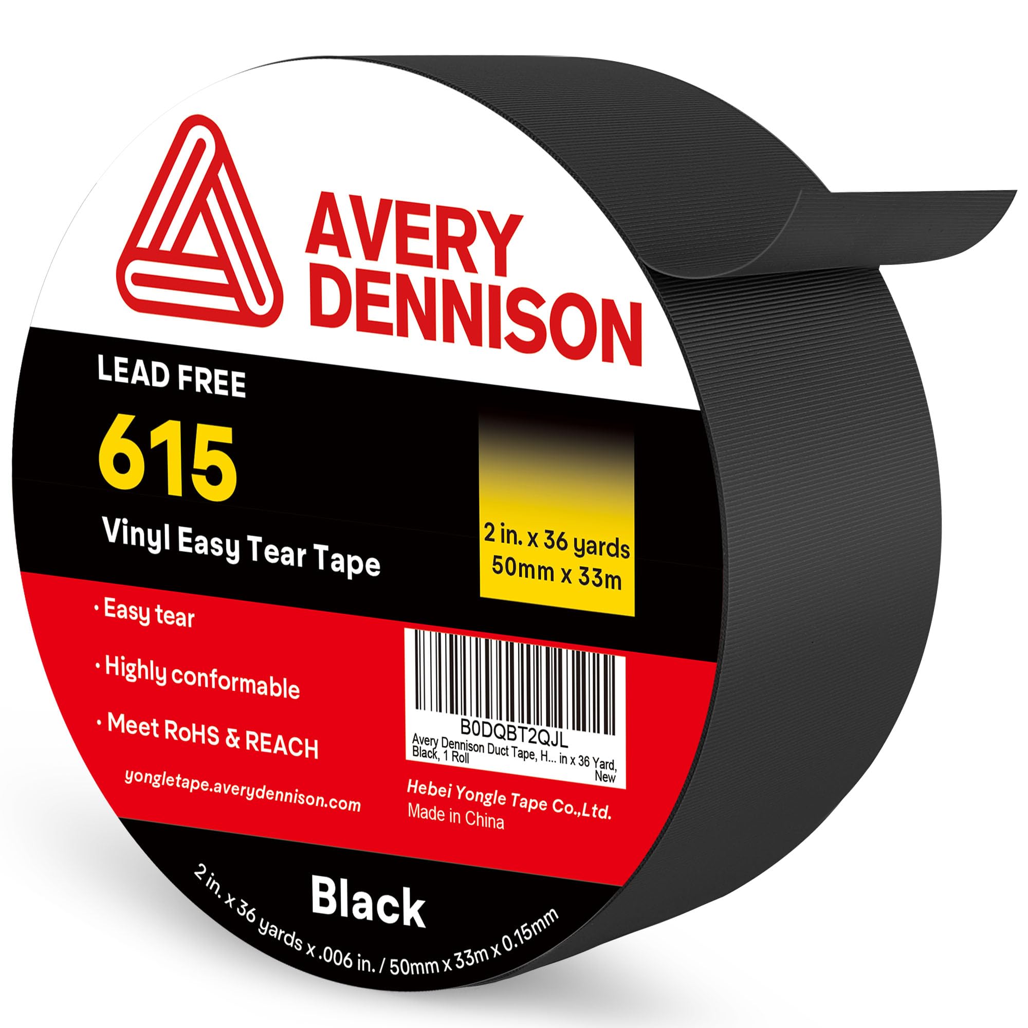 Avery Dennison Duct Tape, Heavy Duty PVC Easy Tear Tape, Strong Adhesive  Waterproof Duct Tape for Indoor Outdoor Repairs, 2 in x 36 Yard, Black, 1  Roll: Amazon.com: Industrial & Scientific
