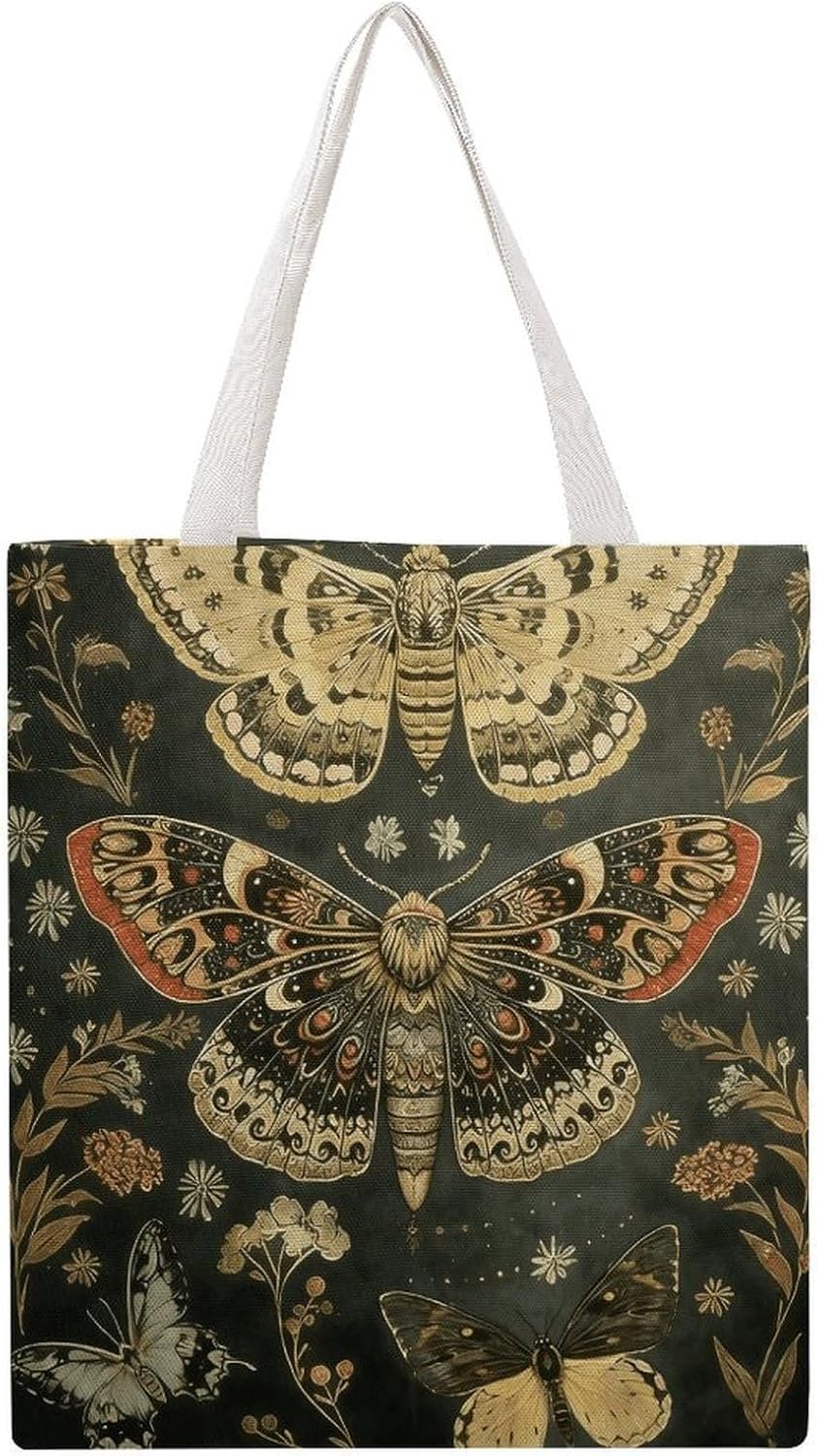 Floral Gothic Butterfly Canvas Tote Bag Reusable Grocery Bags Foldable Soft Cotton Shoulder Carry Bag