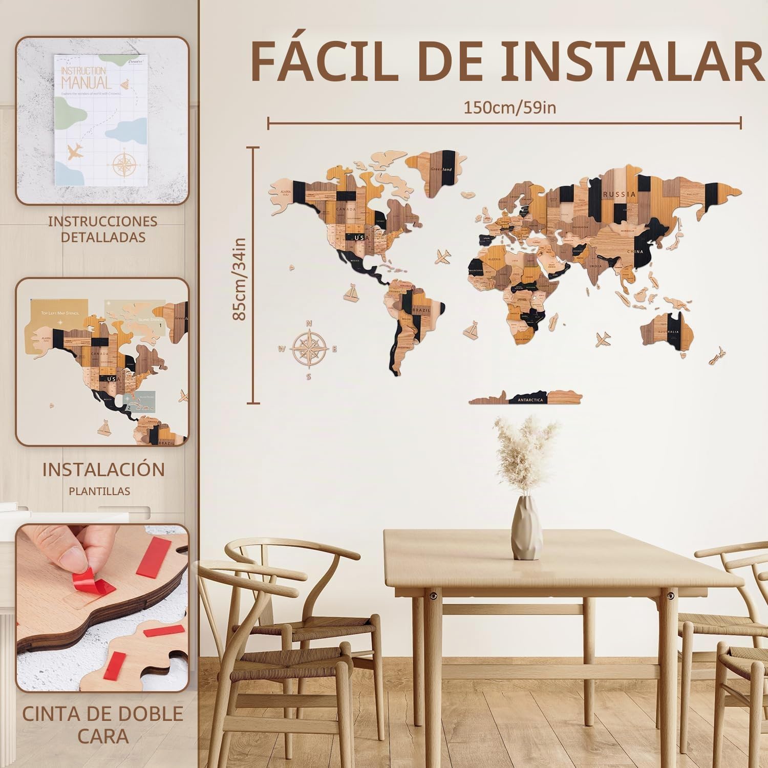 Mapa del mundo de madera en 3D, mapa decorativo del mundo de madera arte de pared multicapa, arte de decoración de pared para el hogar y la oficina, regalo para todas las ocasiones, 150 x 85 cm