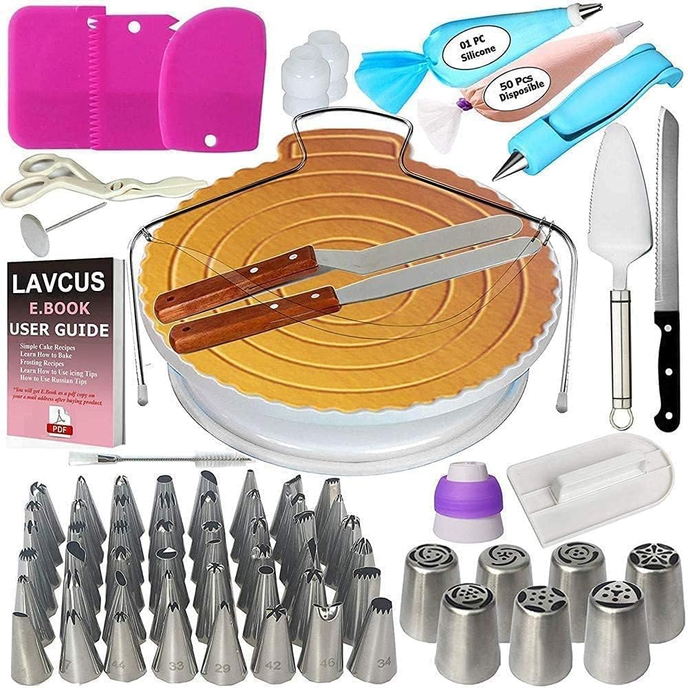 Basuwell 124 Pcs Cake Decorating Supplies Kit - Cake Turntable Stand, 48 Numbered Icing Tips, Piping Bags and Tips Set, Icing Spatulas and Scrapers, Pastry Tools for Baking Beginners