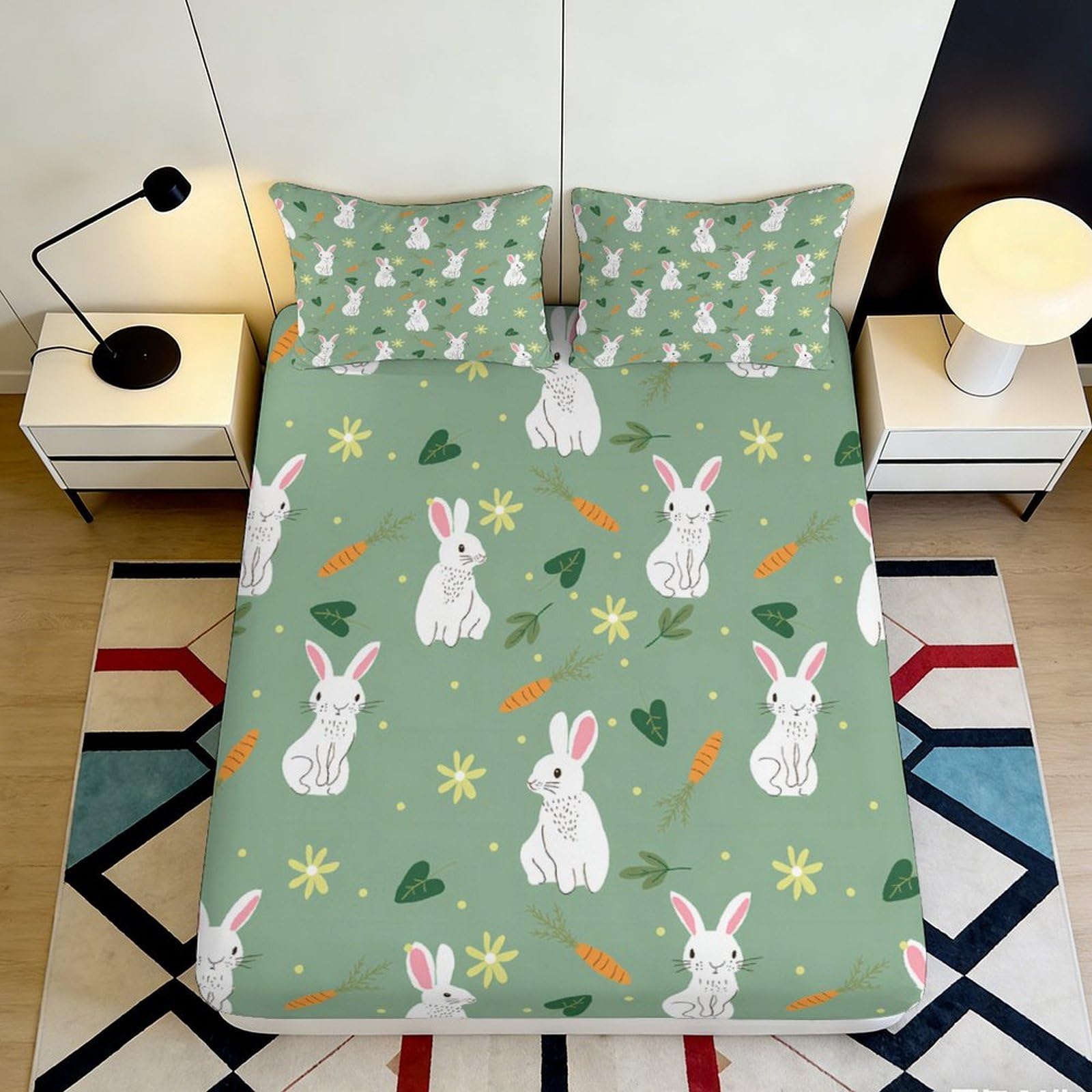 Pnayamiorkfel Style-2 3D Printed Bunny Rabbit Fitted Sheet Microfiber Soft Green Carrot Bed Cover For Bedroom Guest Room Decor Protection 90X200x25cm