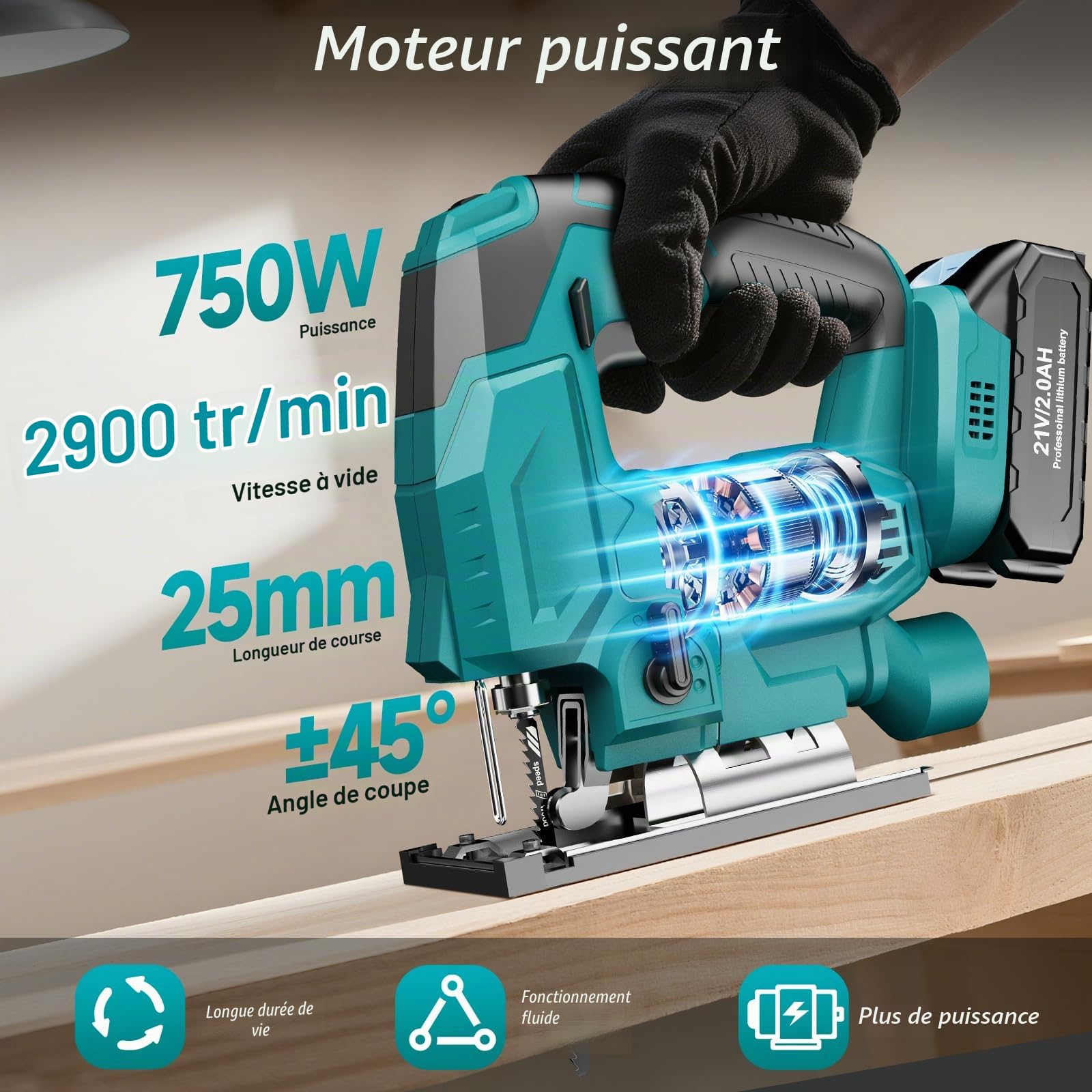 Scie Sauteuse Sans Fil Compatible avec Batteries Makita 18V, Scies Sauteuses Electriques pour Coupes en Biseau ±45° 2900RPM avec 0-3 Ensembles Orbitaux, 6 Lames pour Bois/Métal/PVC