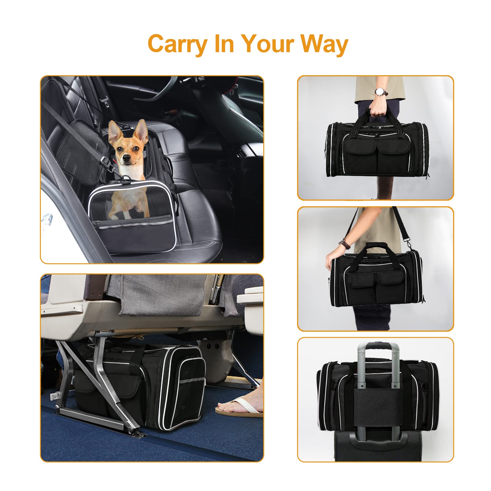 Estarer Soft Sided Pet Carrier Airline Approved, 4 Sides Expandable Collapsible Cat Carrier with Pockets & Removable Fleece Pad, Travel Carrier Bag for Cat Dog & Small Animals (Black) - image 3