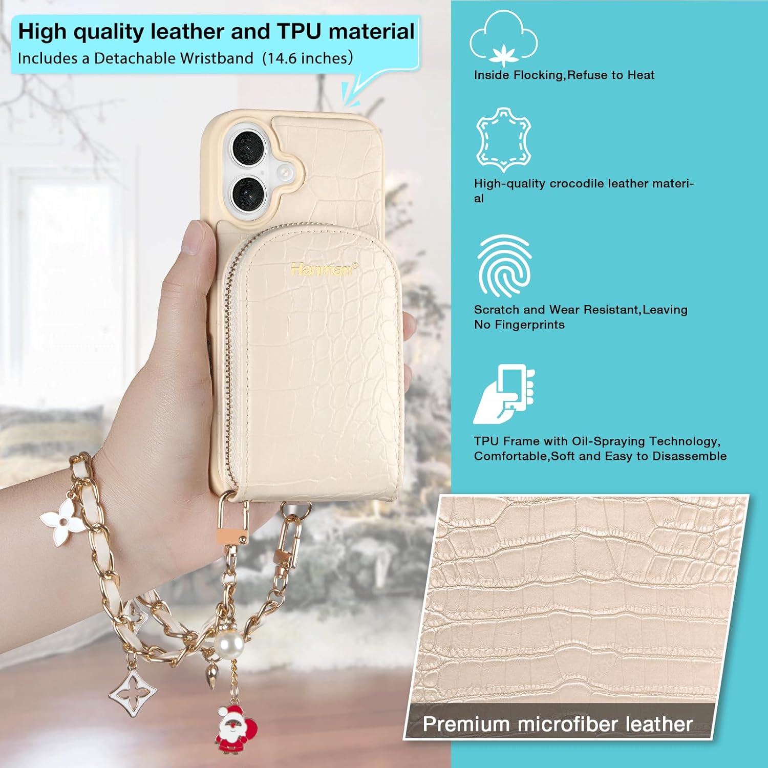 Hanman Magnetic Wallet Case for iPhone 17,RFID Blocking Leather Zipper Purse Magnetic Case with Chain Patche for iPhone 17,2 in 1 Detachable Magnetic Wallet Cover-Beige