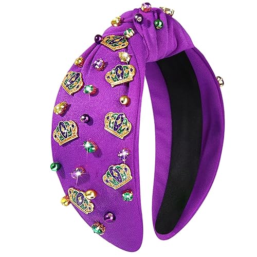 Diadema de Mardi Gras para mujer, máscara de corona de flor de lis, diadema anudada, diadema morada con diamantes de imitación y perlas en la parte