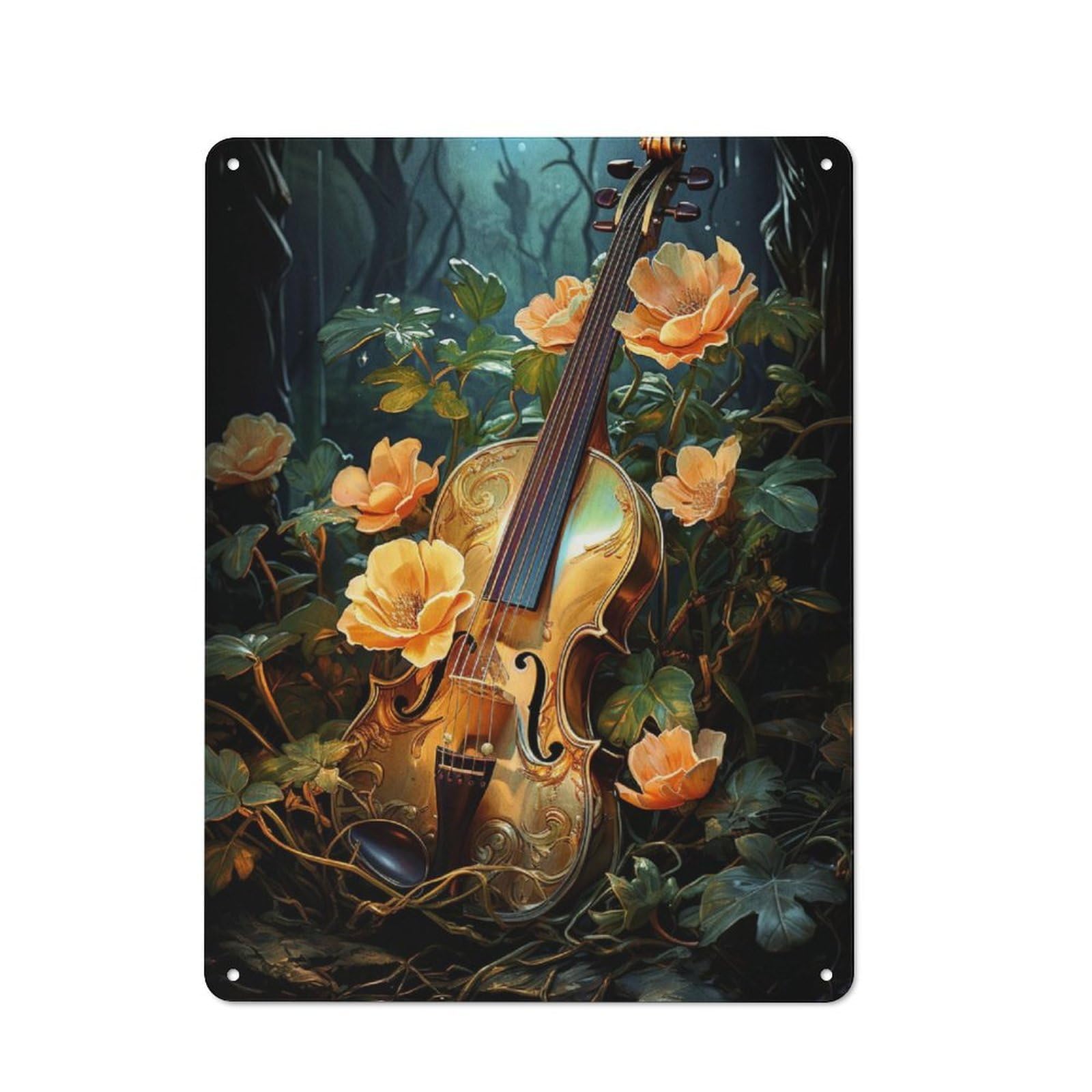 Junmoney Music Violin And Flower Vintage Tin Sign 40X30cm With For Guest Room Or Hallway, For Themed Room Decoration, For Vintage Wall Decor Fans