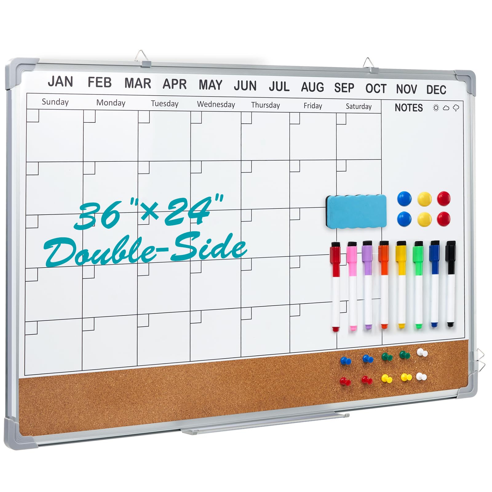 Calendar Whiteboard for Wall,36" x 24" White Board Calendar Dry Erase with Silver Aluminum Frame,Double Side Wall Hanging Board for Office,Home,