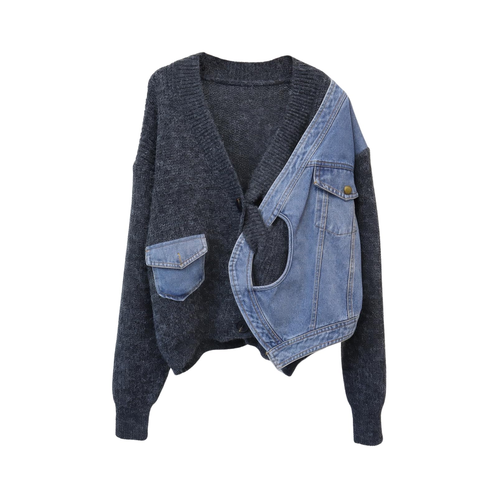 ebossy Womens Spliced Denim Knit Cardigan Trendy Open Front Button Up Oversized Loose Sweater Coat with Pockets