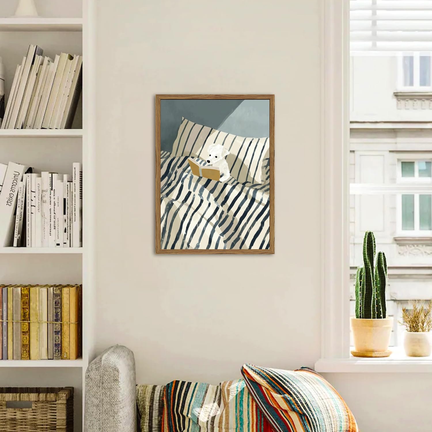 Funny Dog Reading Wall Art Whimsical Dog in White and Blue Striped Bed Wall Decor Painting Eclectic Animal Poster Canvas Print for Bedroom Living Room Bathroom 12x16 inch Wood Framed
