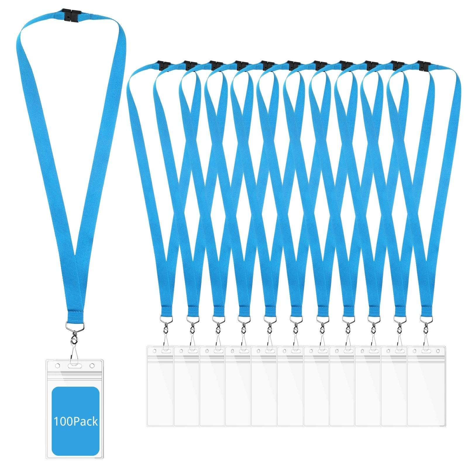 WEZEBEL 100-Pack Sky Blue Breakaway Lanyards with Waterproof Badge Holders, Polyester Neck Straps for ID Cards, Events, Office, and Schools