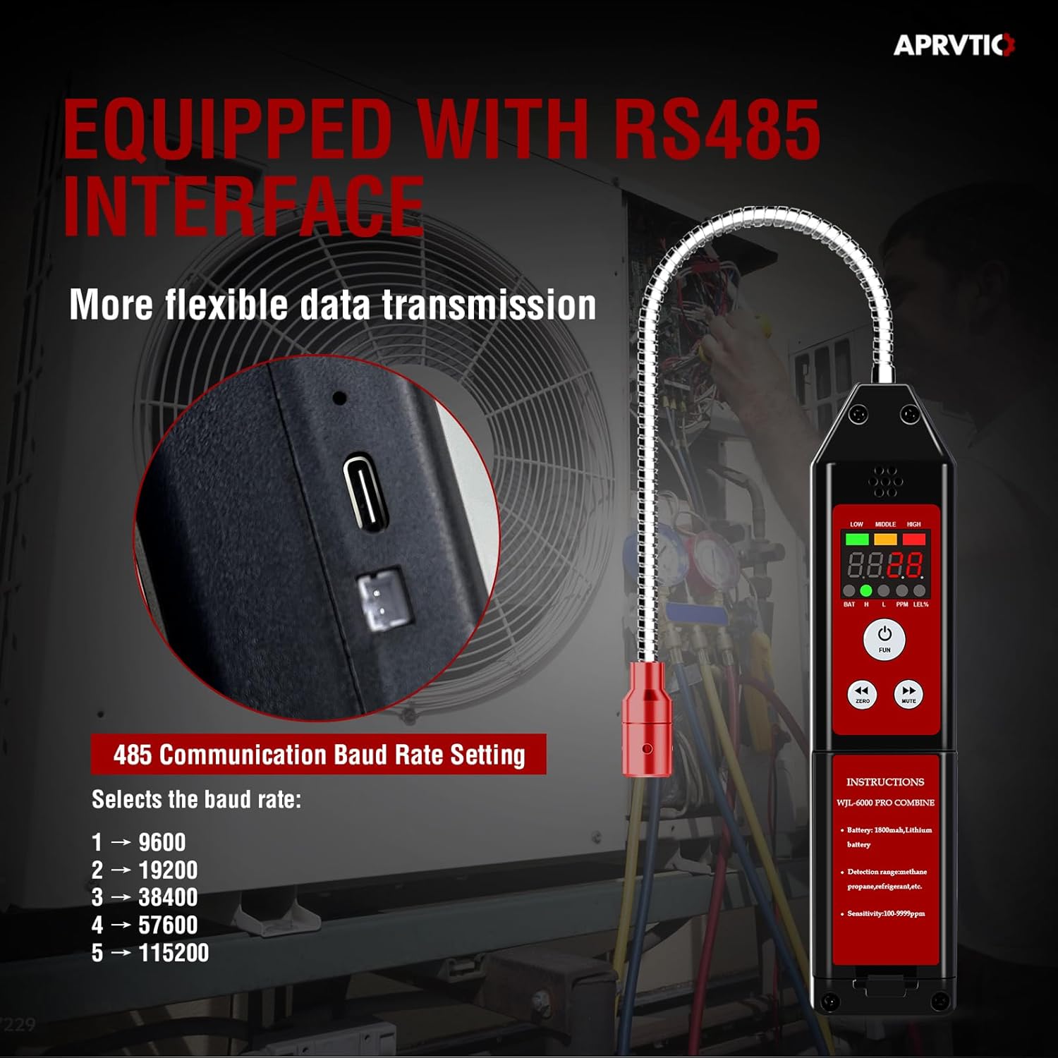 Refrigerant Leak Detector, Aprvtio WJL-6000PRO Freon Leak Detector with Audible & Visual Alarm, 1800mAh Rechargeable Battery, PPM LEL% Diaplay for HCs(Hydrocarbon) R50, R290, R600a
