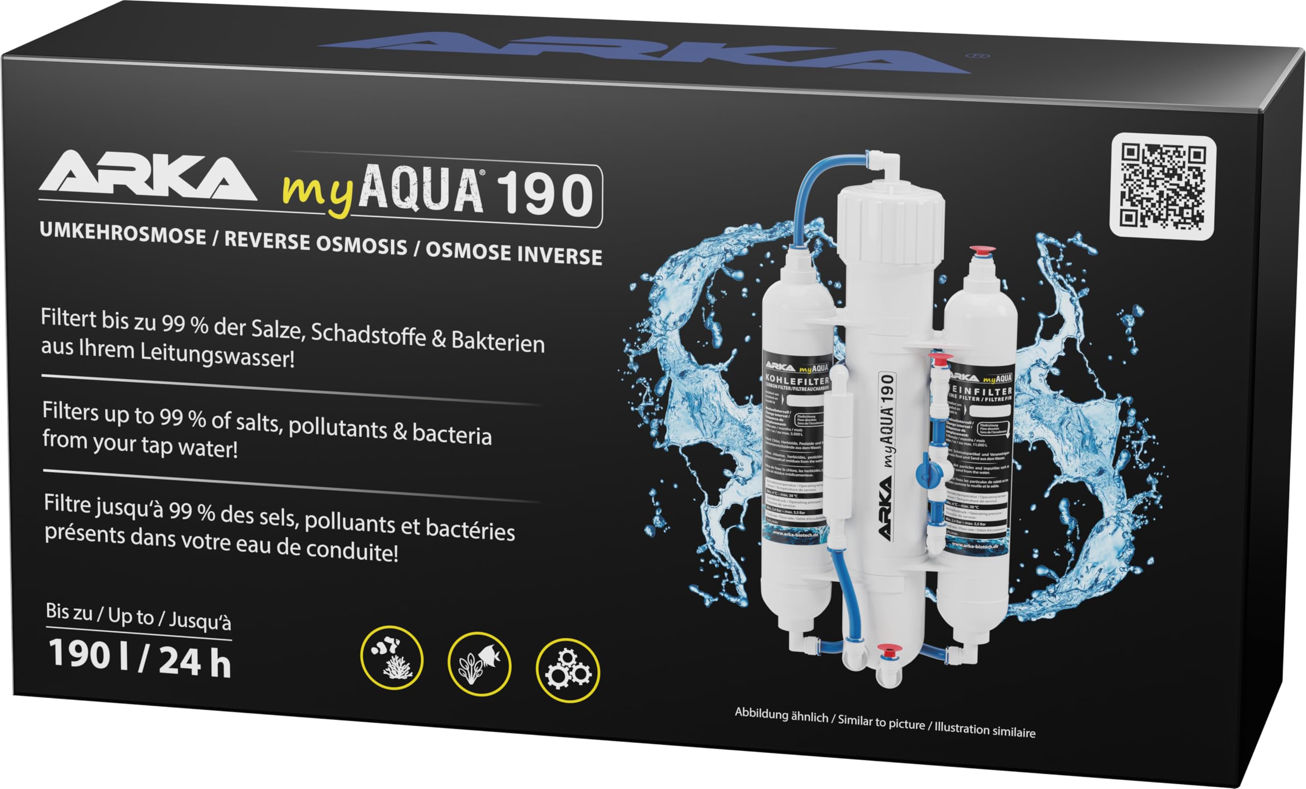 Osmoseur aquarium 190 L/j – eau ultra pure pour poissons, plantes & crevettes – triple filtration anti-nitrates, chlore & métaux lourds – facile à installer, sans électricité – ARKA myAqua190