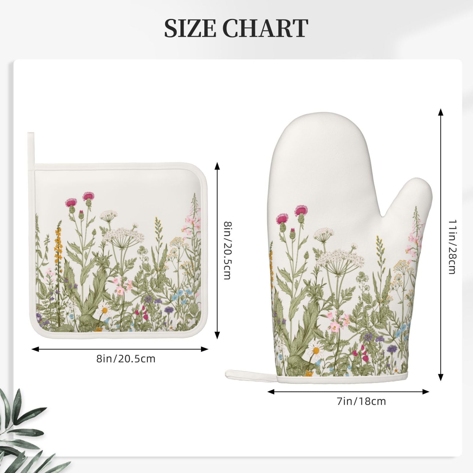 Wildflower Botaniczny zestaw rękawic kuchennych i uchwytów na garnki, silikonowe, odporne na wysokie temperatury, kwiaty, zioła, szałwia, zielone liście, rękawice kuchenne, uchwyty na