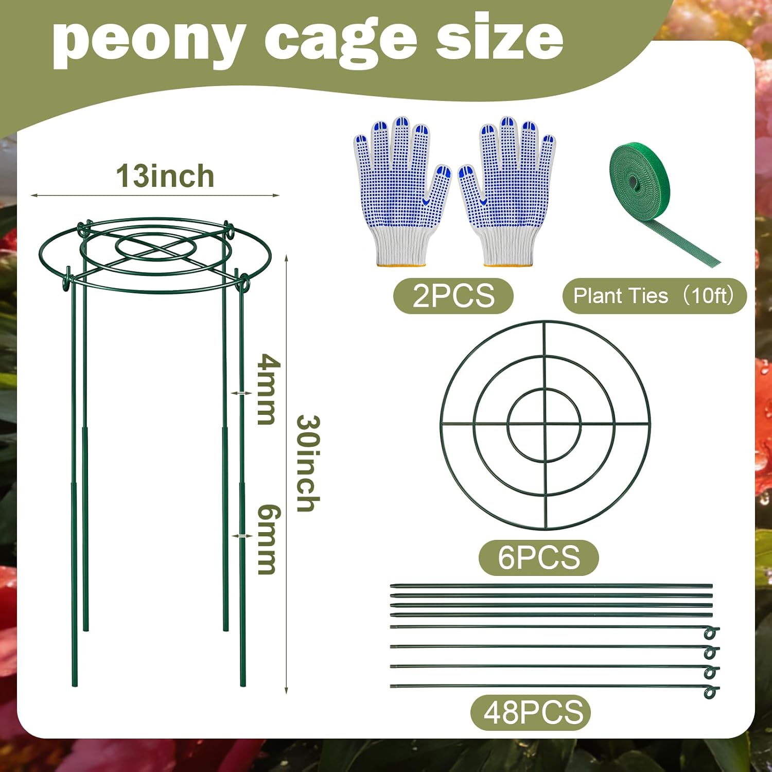 6 Pack Peony Cages and Supports, Extra Large 13 x 30 Inch Heavy Duty Plant Support Cages for Peonies, Roses, Tomatoes & Tall Outdoor Plants – Removable 4-Leg Metal Plant Support
