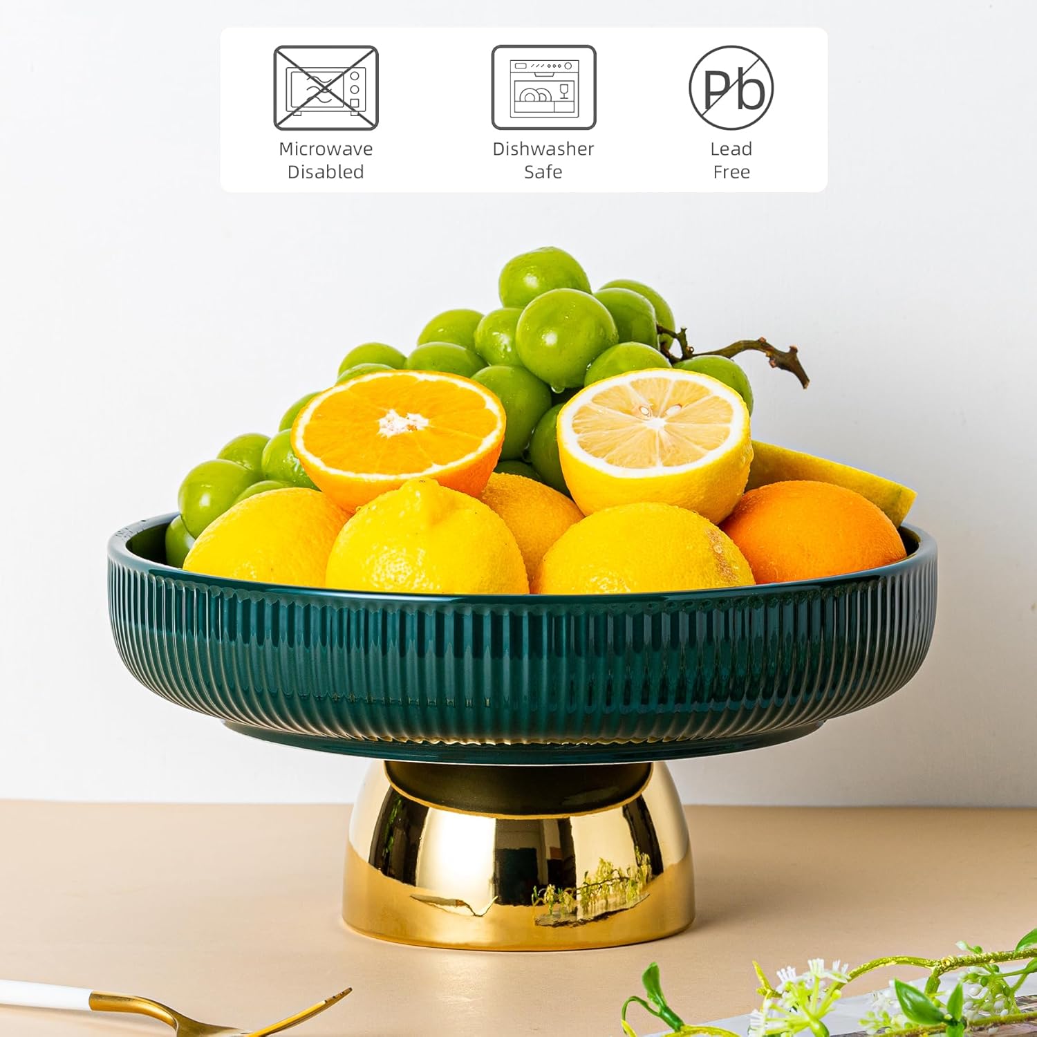 Ceramic Fruit Bowl, 11 Inch Dinner Table and Tea Coffee Pedestal Tray，Elegant and Practical Bread and Fruit Footed Bowls, Salad or Dessert Display Trays for Kitchen Counter (Green).
