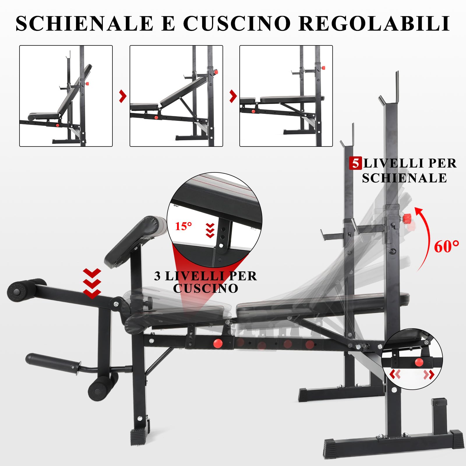 ISE Panca Multifunzione Palestra Casa, Panca Pesi Regolabile con Supporto Bilanciere Schienale Reclinabile Fitness per Allenamento a Casa