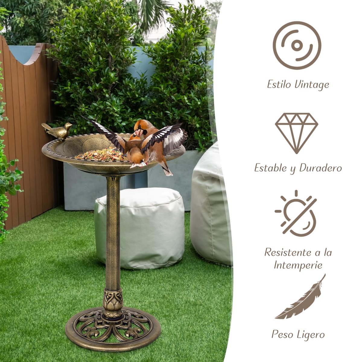 RELAX4LIFE 3 en 1 Comedero para Pájaros de PP con Soporte Grande, Bebedero para Pájaros con 3 Estacas a Tierra y Base Rellenable para Jardín, Patio y Parque, 51x51x72cm (Bronce)
