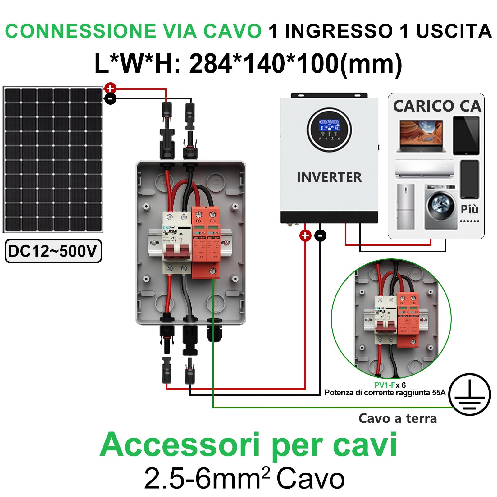 Protezione da Sovratensione Solare PV DC500V 32A Interruttore Magnetotermico 1 ingressi 1 uscite e Scaricatore di Sovratensione con Scatola di Giunzione Impermeabile IP65