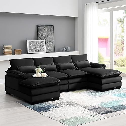 KIVENJAJA 110”W U-Shaped Sectional Couch, Modern Velvet Modular Sofa, 4-Seater Comfy Cloud Couches with Double Chaises & Pillows for Living Room Office Apartment, Black