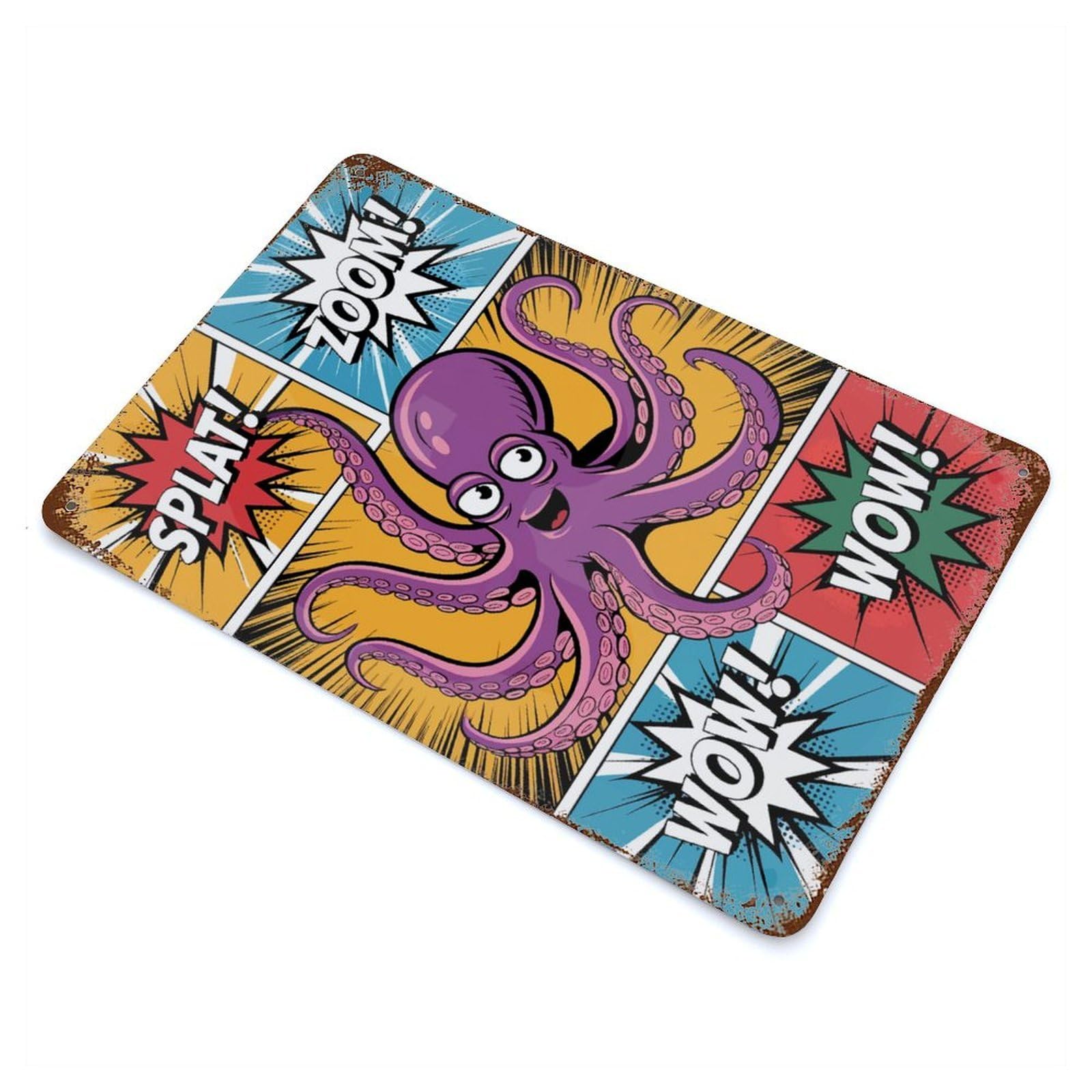 Decorative Tin Sign Octopus Comic Art 11.8"x7.9", Novelty Wall Decor for Shed, Workshop And Garage Wall Decor