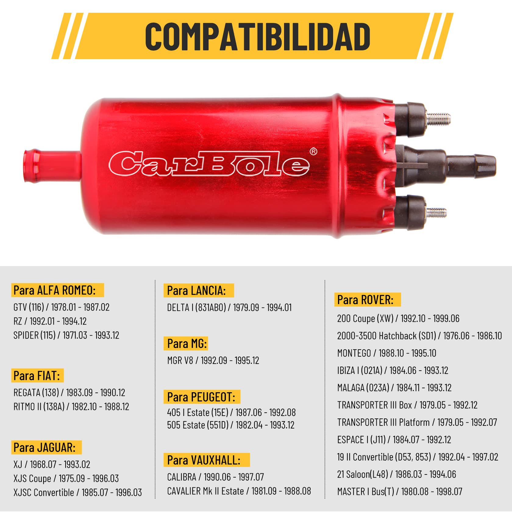 CarBole Bomba de Combustible en Línea Externa,Alta Presión de 125PSI | Recambio para la 0580464070, Bomba de Combustible Eléctrica, Fácil de Montar, Rojo