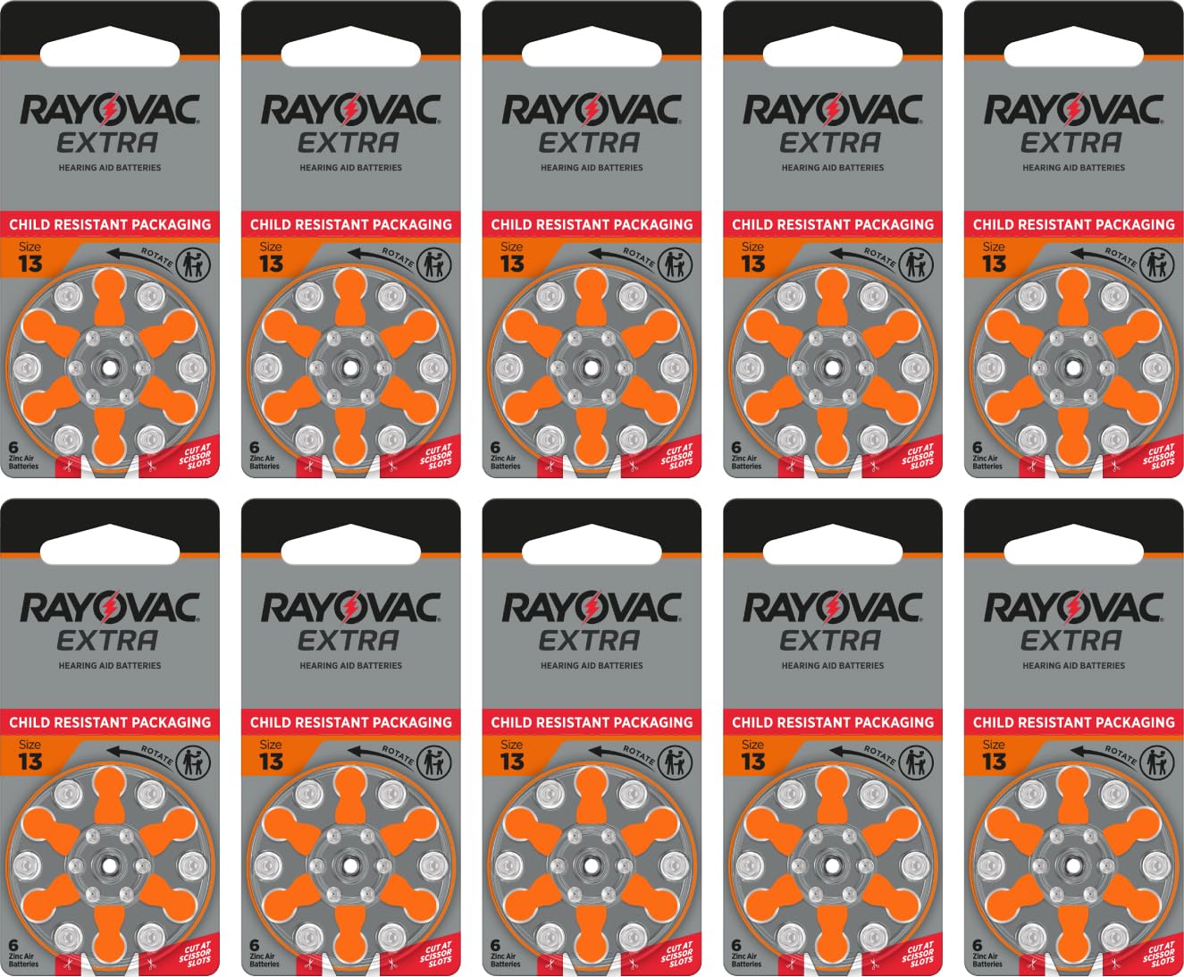 Rayovac Lot de 60 piles pour appareils auditifs Extra Size 13, alimentation durable, zinc-air, sans mercure, 1,45 V, emballage amélioré résistant aux enfants, recyclables, 60 pièces (10 paquets de 6)